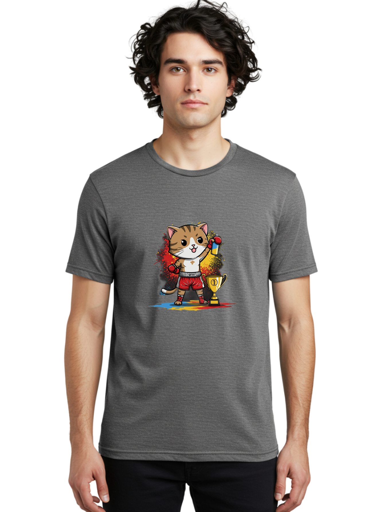 Cat-With-Trophy Men'S Graphic Tee, 100% Cotton, Comfortable Casual Summer Wear, Machine Washable, Cartoon Cat Boxer, Championship Trophy, Boxing Gloves, Champion Title, Victorious Pose, Confident Cat, Boxing Champion, Winner Cat Bae404 20