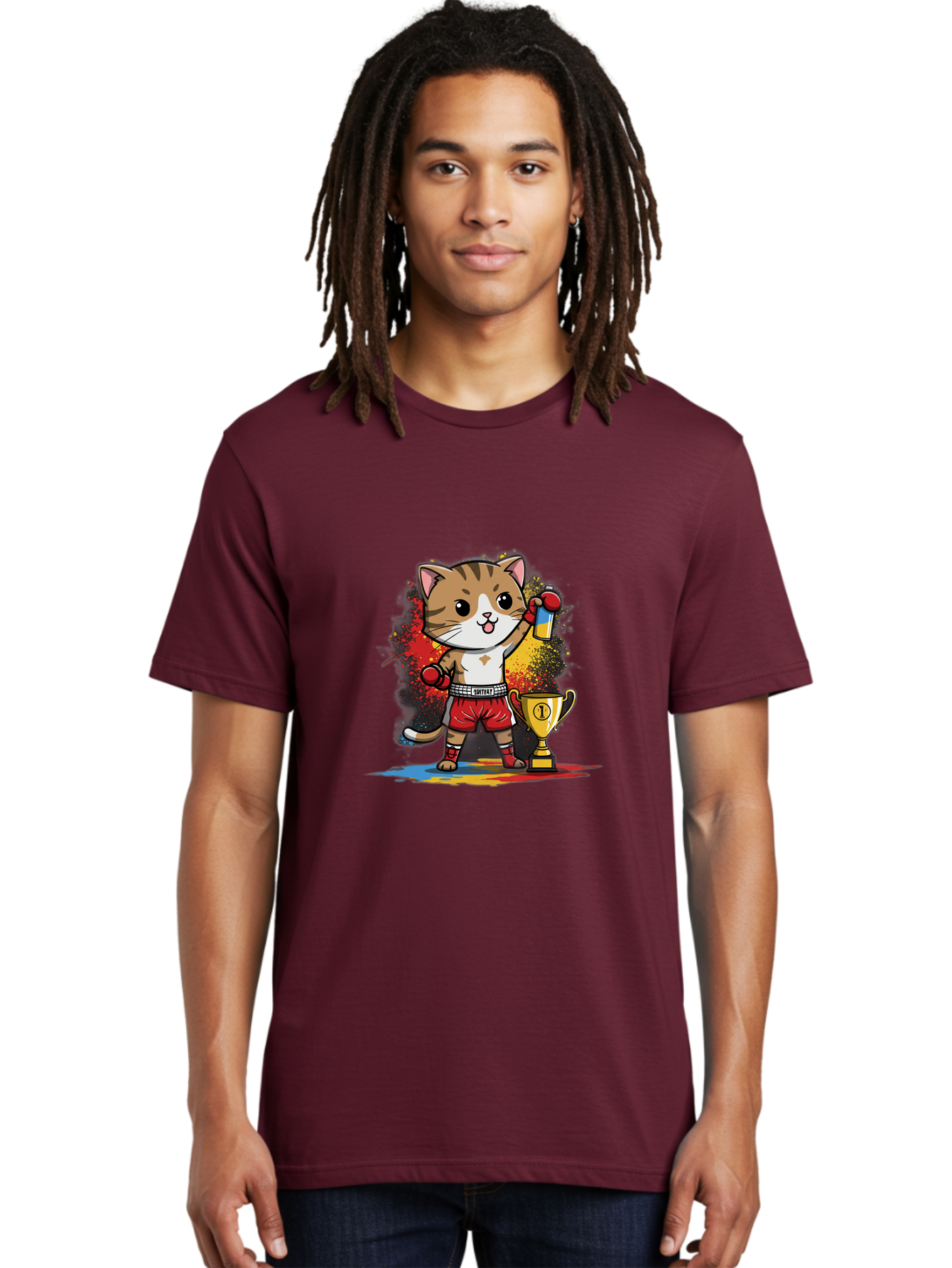 Cat-With-Trophy Men'S Graphic Tee, 100% Cotton, Comfortable Casual Summer Wear, Machine Washable, Cartoon Cat Boxer, Championship Trophy, Boxing Gloves, Champion Title, Victorious Pose, Confident Cat, Boxing Champion, Winner Cat Bae404 26