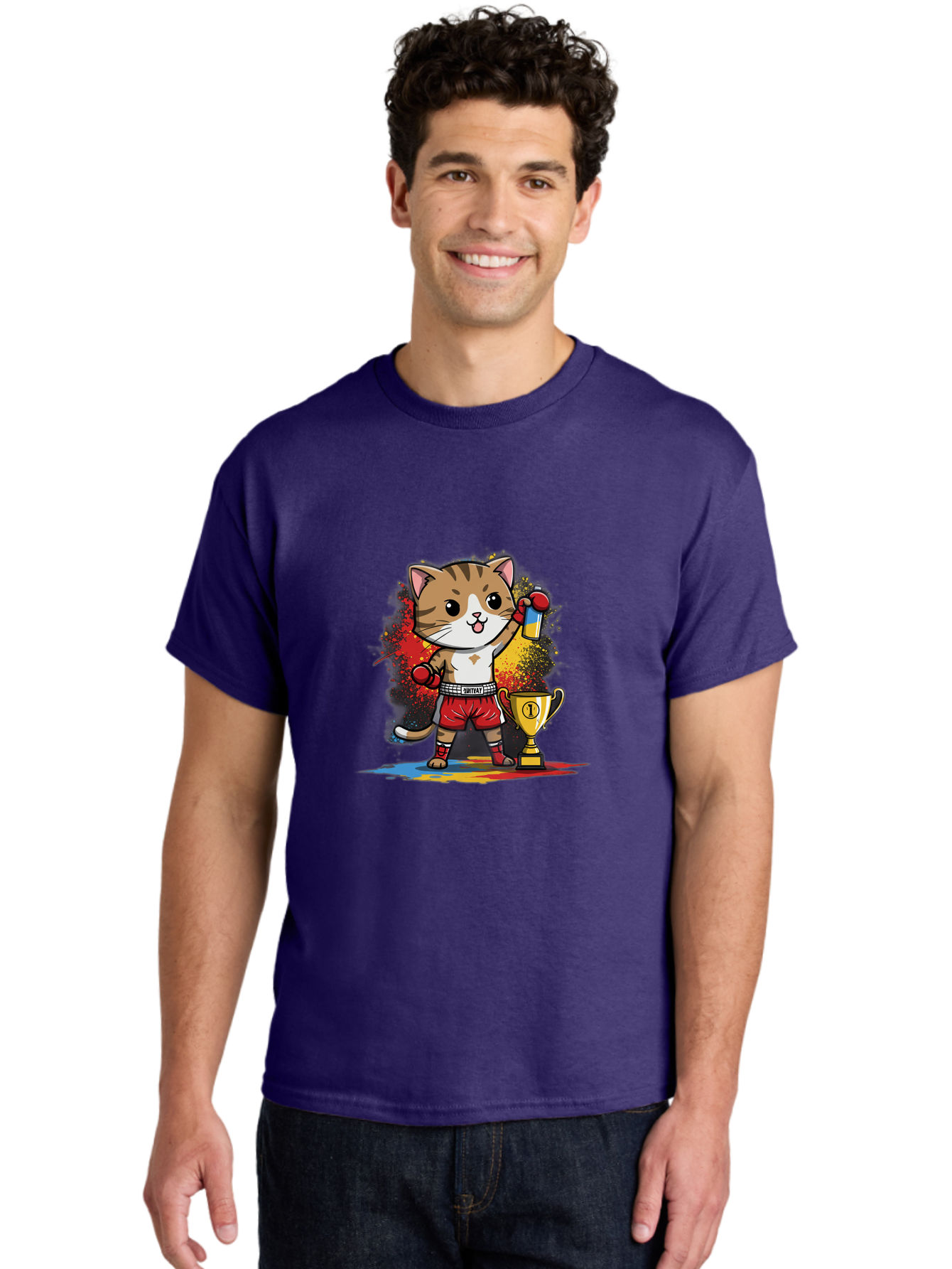 Cat-With-Trophy Men'S Graphic Tee, 100% Cotton, Comfortable Casual Summer Wear, Machine Washable, Cartoon Cat Boxer, Championship Trophy, Boxing Gloves, Champion Title, Victorious Pose, Confident Cat, Boxing Champion, Winner Cat Bae404 16