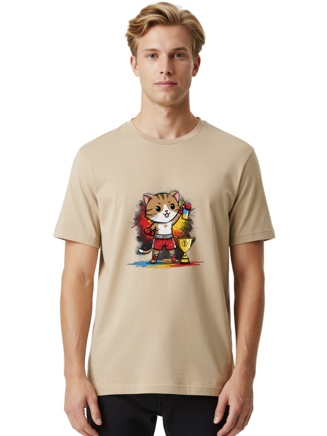 Cat-With-Trophy Men'S Graphic Tee, 100% Cotton, Comfortable Casual Summer Wear, Machine Washable, Cartoon Cat Boxer, Championship Trophy, Boxing Gloves, Champion Title, Victorious Pose, Confident Cat, Boxing Champion, Winner Cat Bae404 22