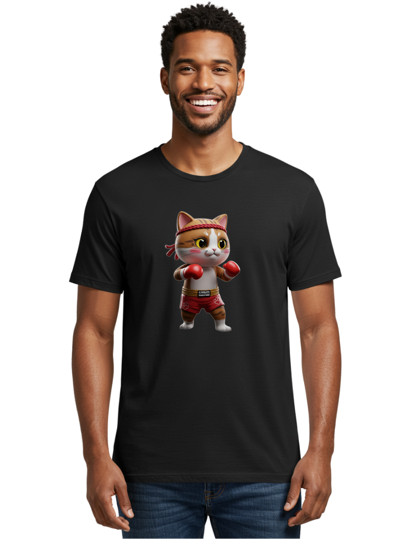 Caylin-Cat Men'S Graphic Tee, 100% Cotton, Comfortable Casual Summer Wear, Machine Washable, Cartoon Cat, Boxing Gloves, Red Shorts, Martial Arts, Adorable Animal, Cute Character, Toy Illustration, Fighting Stance, Red Headband, Bae405 20