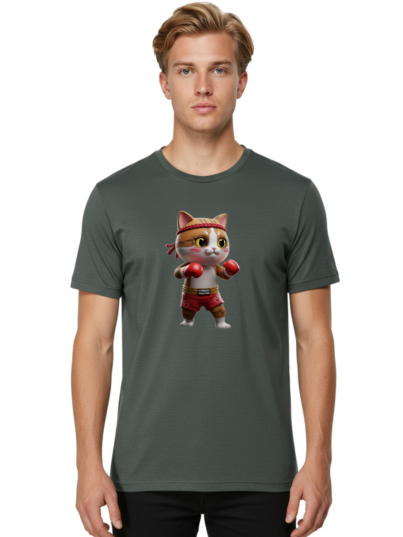 Caylin-Cat Men'S Graphic Tee, 100% Cotton, Comfortable Casual Summer Wear, Machine Washable, Cartoon Cat, Boxing Gloves, Red Shorts, Martial Arts, Adorable Animal, Cute Character, Toy Illustration, Fighting Stance, Red Headband, Bae405 29
