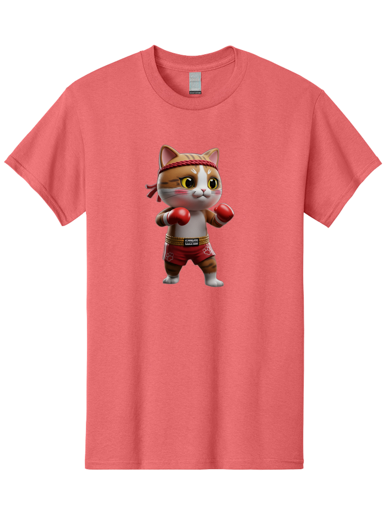 Caylin-Cat Men'S Graphic Tee, 100% Cotton, Comfortable Casual Summer Wear, Machine Washable, Cartoon Cat, Boxing Gloves, Red Shorts, Martial Arts, Adorable Animal, Cute Character, Toy Illustration, Fighting Stance, Red Headband, Bae405 1