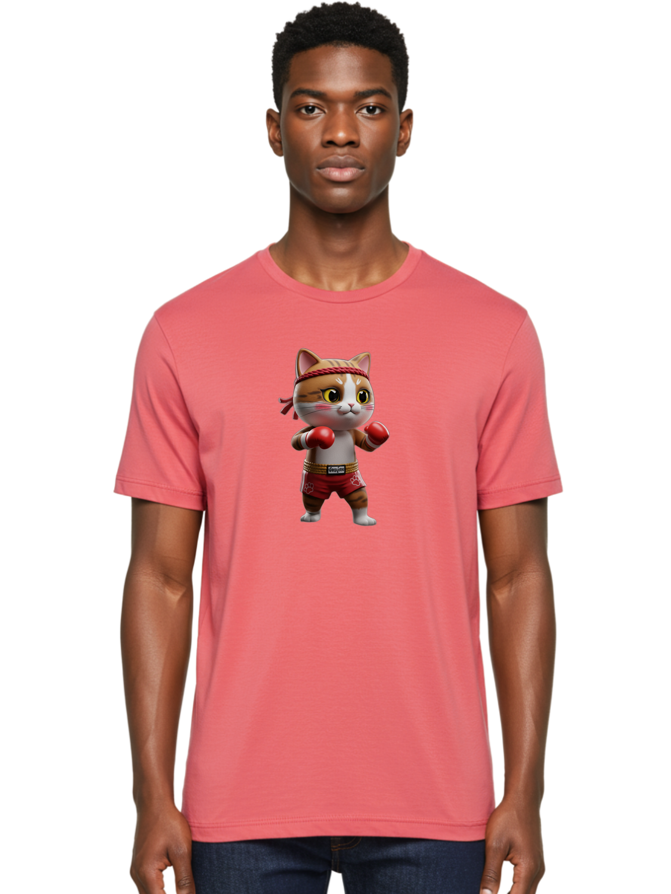 Caylin-Cat Men'S Graphic Tee, 100% Cotton, Comfortable Casual Summer Wear, Machine Washable, Cartoon Cat, Boxing Gloves, Red Shorts, Martial Arts, Adorable Animal, Cute Character, Toy Illustration, Fighting Stance, Red Headband, Bae405 16