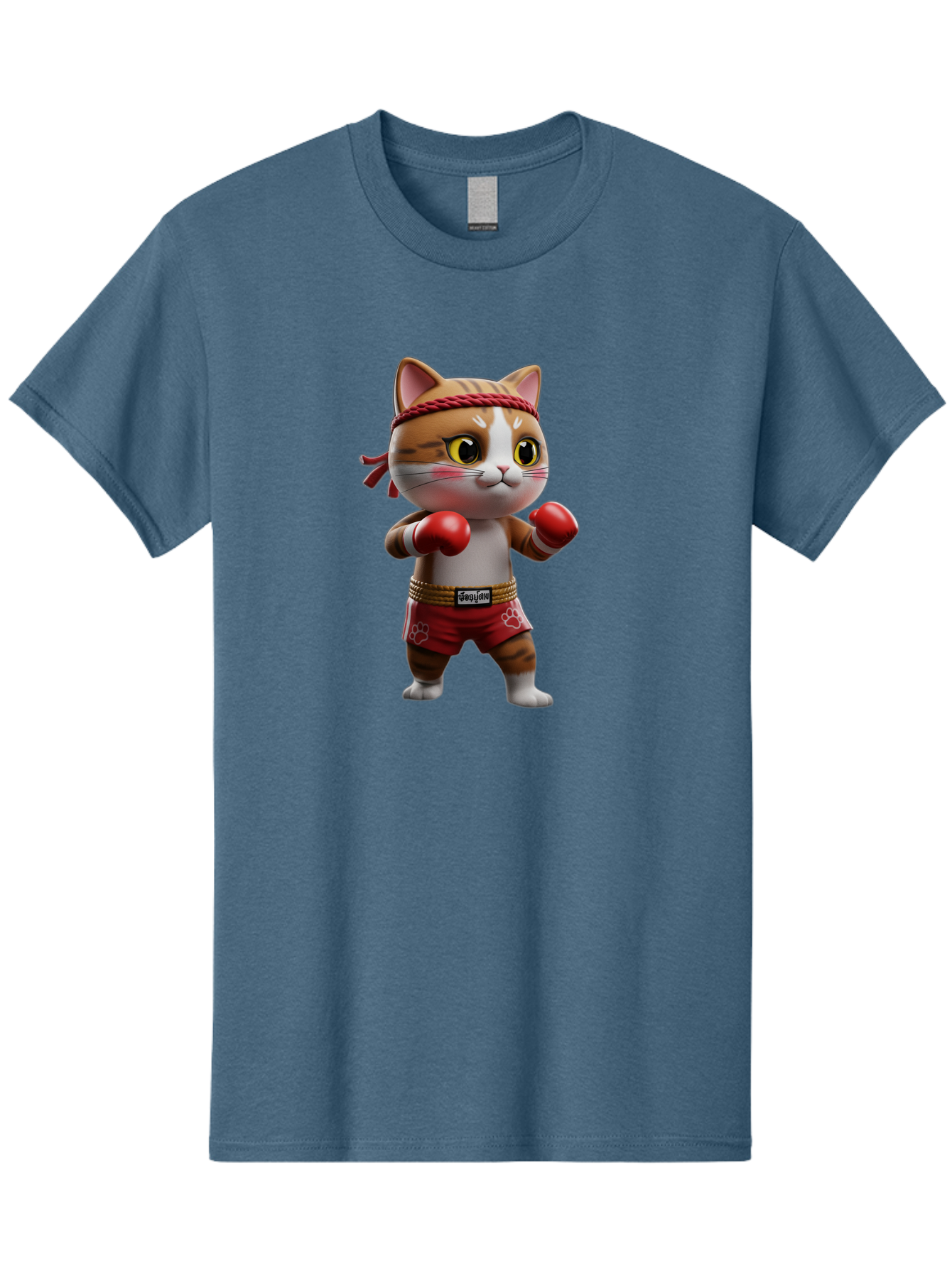 Caylin-Cat Men'S Graphic Tee, 100% Cotton, Comfortable Casual Summer Wear, Machine Washable, Cartoon Cat, Boxing Gloves, Red Shorts, Martial Arts, Adorable Animal, Cute Character, Toy Illustration, Fighting Stance, Red Headband, Bae405 3