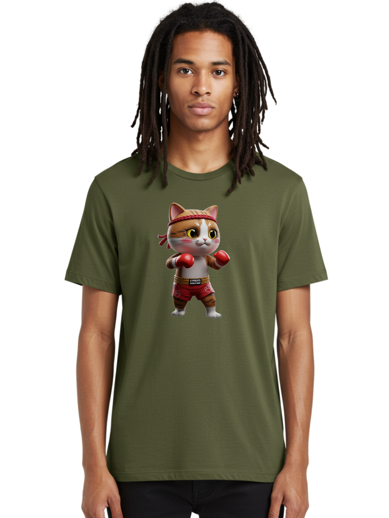 Caylin-Cat Men'S Graphic Tee, 100% Cotton, Comfortable Casual Summer Wear, Machine Washable, Cartoon Cat, Boxing Gloves, Red Shorts, Martial Arts, Adorable Animal, Cute Character, Toy Illustration, Fighting Stance, Red Headband, Bae405 24