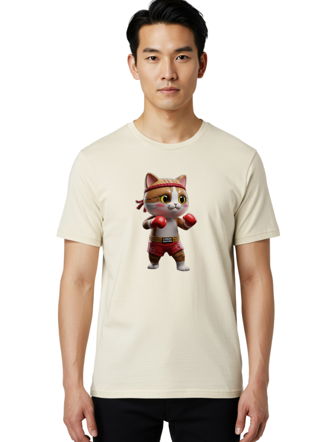 Caylin-Cat Men'S Graphic Tee, 100% Cotton, Comfortable Casual Summer Wear, Machine Washable, Cartoon Cat, Boxing Gloves, Red Shorts, Martial Arts, Adorable Animal, Cute Character, Toy Illustration, Fighting Stance, Red Headband, Bae405 22