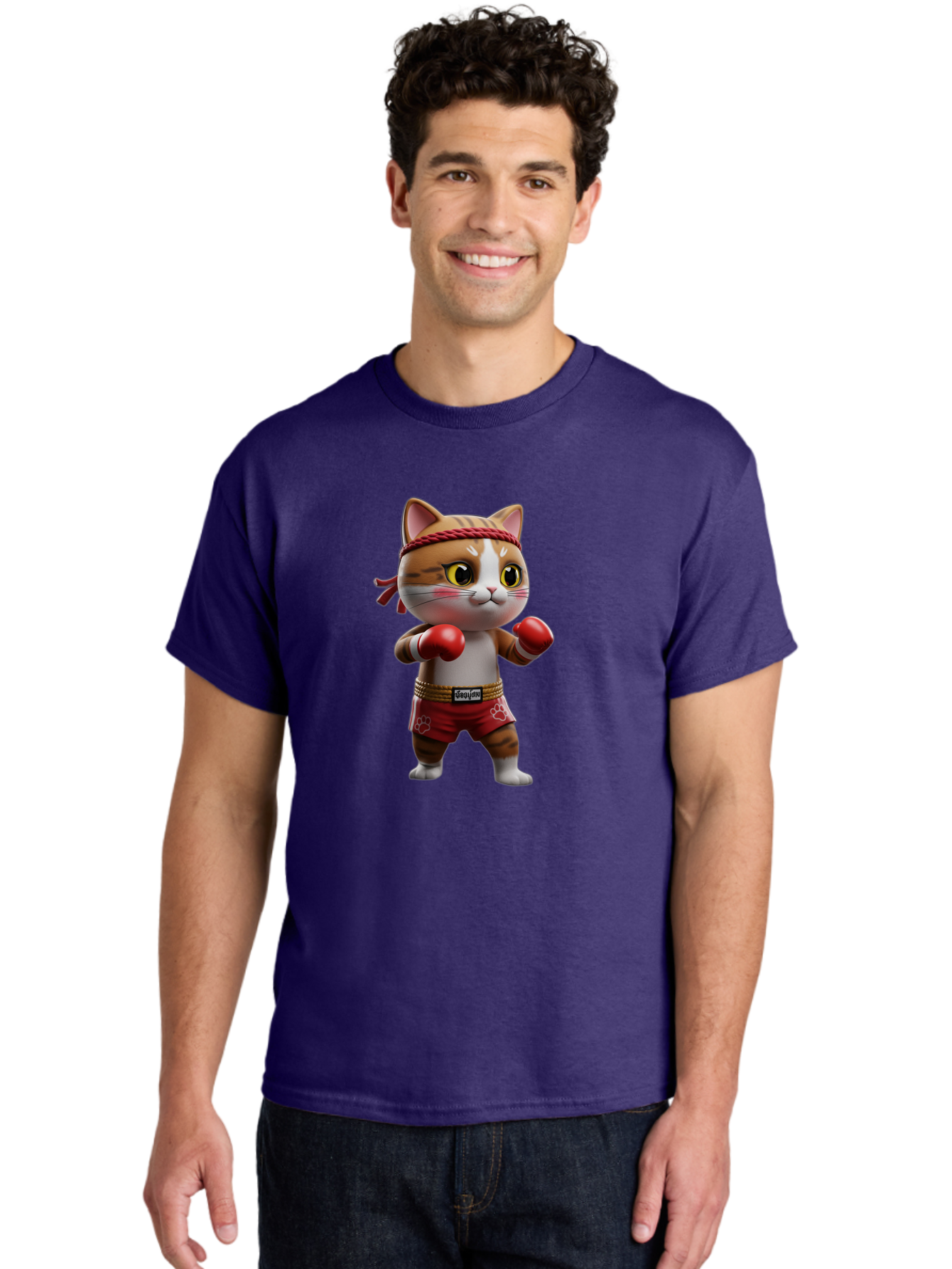 Caylin-Cat Men'S Graphic Tee, 100% Cotton, Comfortable Casual Summer Wear, Machine Washable, Cartoon Cat, Boxing Gloves, Red Shorts, Martial Arts, Adorable Animal, Cute Character, Toy Illustration, Fighting Stance, Red Headband, Bae405 17