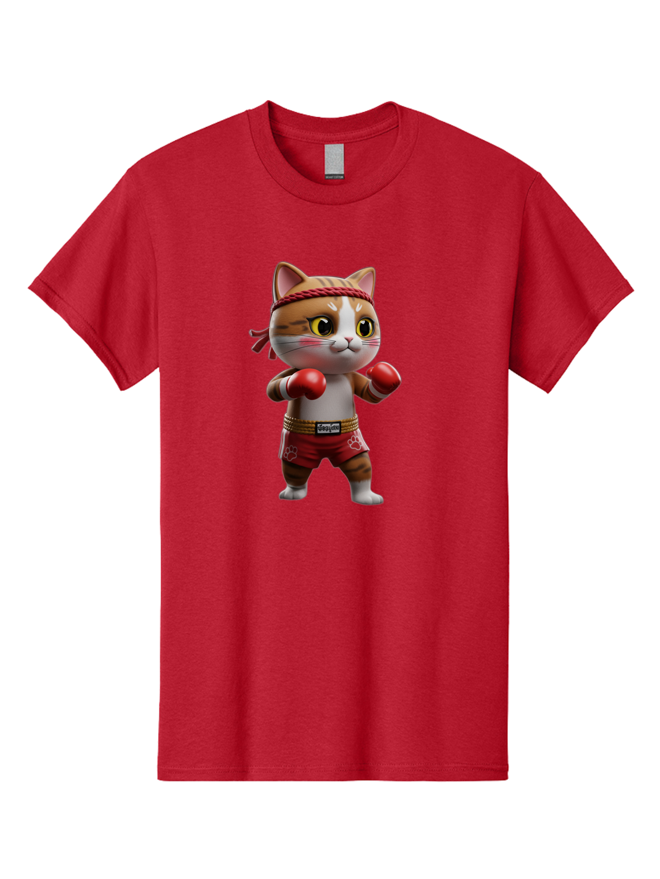 Caylin-Cat Men'S Graphic Tee, 100% Cotton, Comfortable Casual Summer Wear, Machine Washable, Cartoon Cat, Boxing Gloves, Red Shorts, Martial Arts, Adorable Animal, Cute Character, Toy Illustration, Fighting Stance, Red Headband, Bae405 15