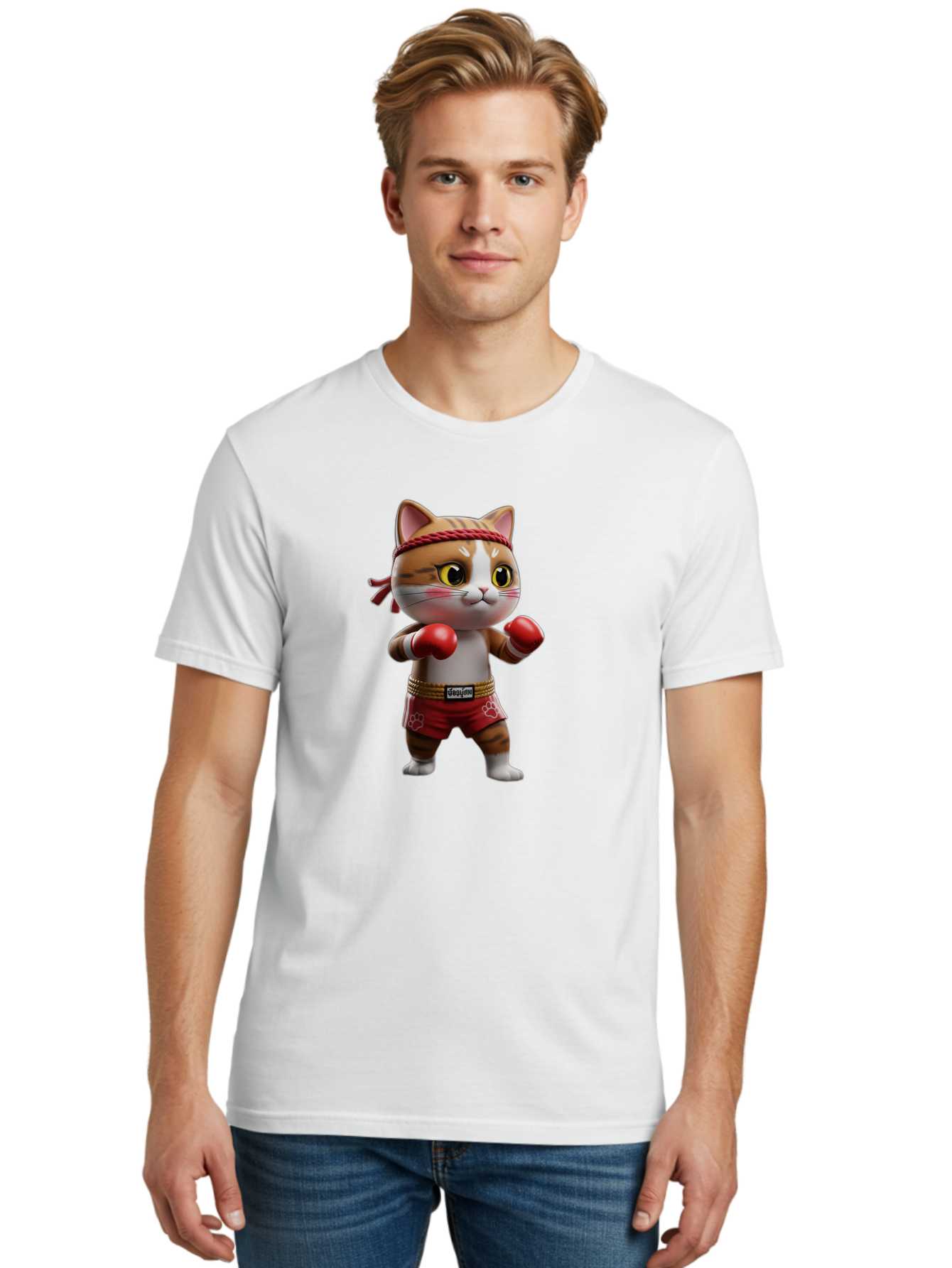 Caylin-Cat Men'S Graphic Tee, 100% Cotton, Comfortable Casual Summer Wear, Machine Washable, Cartoon Cat, Boxing Gloves, Red Shorts, Martial Arts, Adorable Animal, Cute Character, Toy Illustration, Fighting Stance, Red Headband, Bae405 21