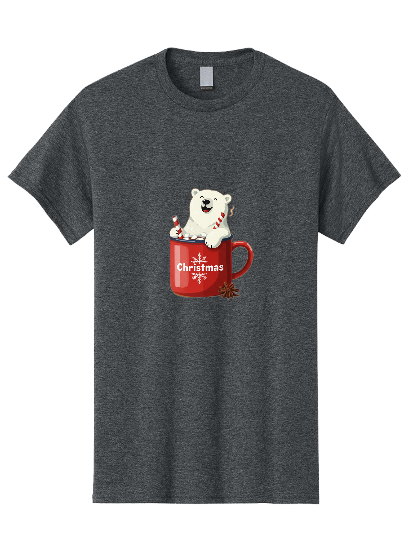 Christmas-Mug Men'S Graphic Tee, 100% Cotton, Comfortable Casual Summer Wear, Machine Washable, Polar Bear In Red Mug, Christmas Theme, Festive Decorations, Candy Cane, Marshmallows, Snowflake Design, Holiday Cheer, Winter Wonderland, Bae408 3