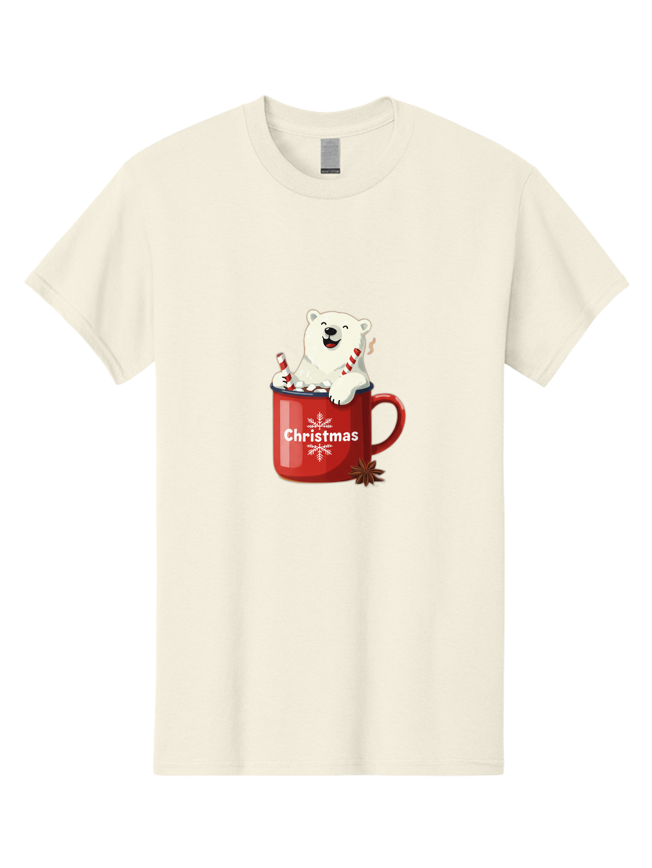 Christmas-Mug Men'S Graphic Tee, 100% Cotton, Comfortable Casual Summer Wear, Machine Washable, Polar Bear In Red Mug, Christmas Theme, Festive Decorations, Candy Cane, Marshmallows, Snowflake Design, Holiday Cheer, Winter Wonderland, Bae408 5