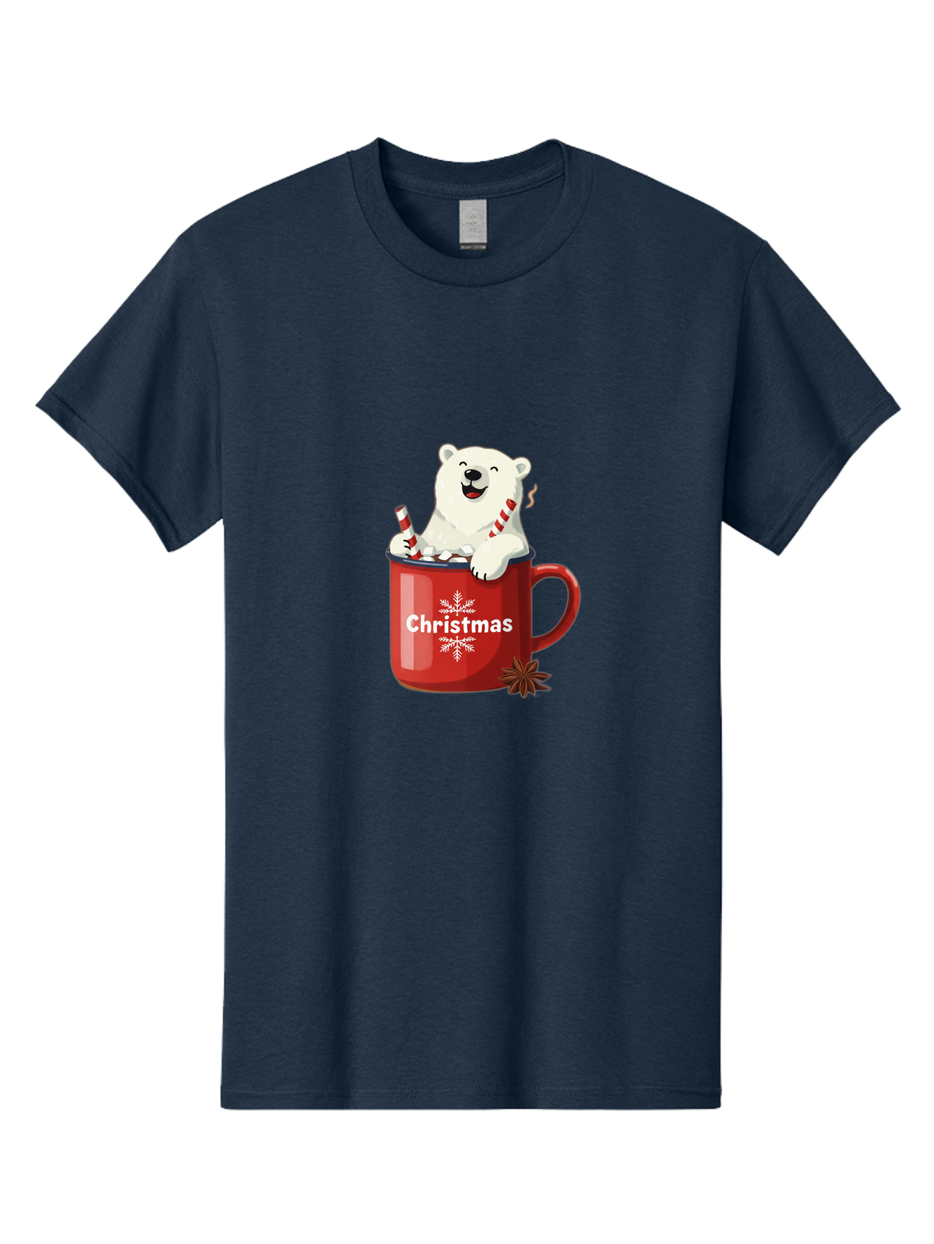 Christmas-Mug Men'S Graphic Tee, 100% Cotton, Comfortable Casual Summer Wear, Machine Washable, Polar Bear In Red Mug, Christmas Theme, Festive Decorations, Candy Cane, Marshmallows, Snowflake Design, Holiday Cheer, Winter Wonderland, Bae408 15