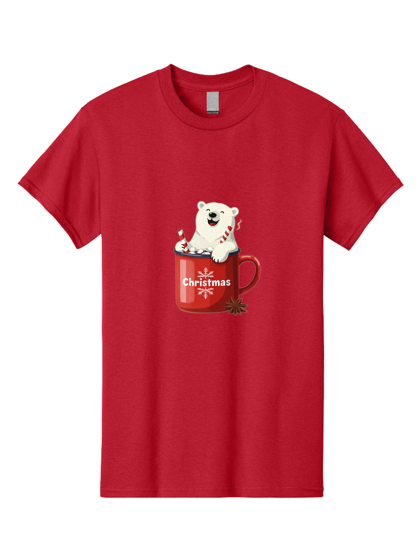 Christmas-Mug Men'S Graphic Tee, 100% Cotton, Comfortable Casual Summer Wear, Machine Washable, Polar Bear In Red Mug, Christmas Theme, Festive Decorations, Candy Cane, Marshmallows, Snowflake Design, Holiday Cheer, Winter Wonderland, Bae408 4
