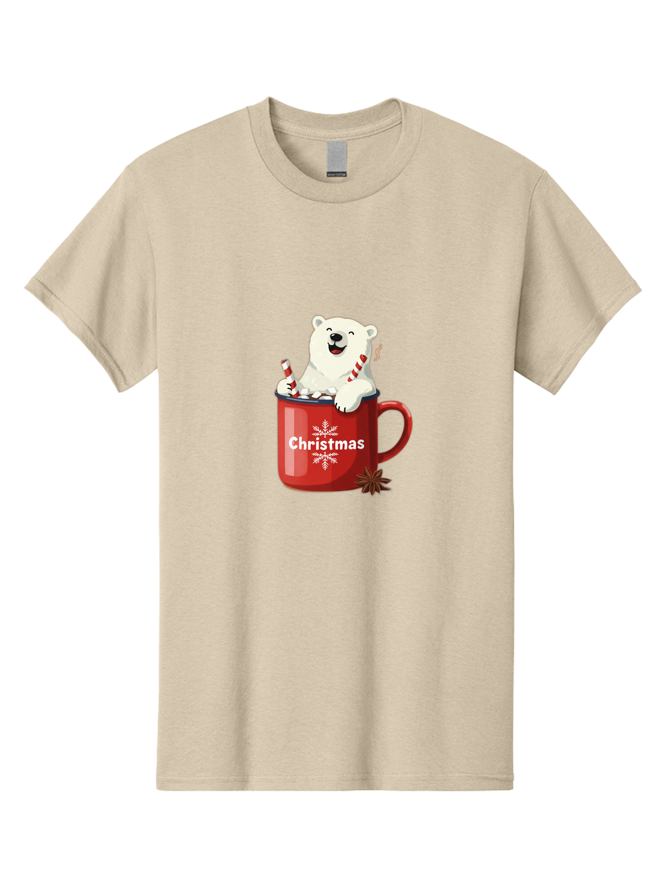 Christmas-Mug Men'S Graphic Tee, 100% Cotton, Comfortable Casual Summer Wear, Machine Washable, Polar Bear In Red Mug, Christmas Theme, Festive Decorations, Candy Cane, Marshmallows, Snowflake Design, Holiday Cheer, Winter Wonderland, Bae408 12