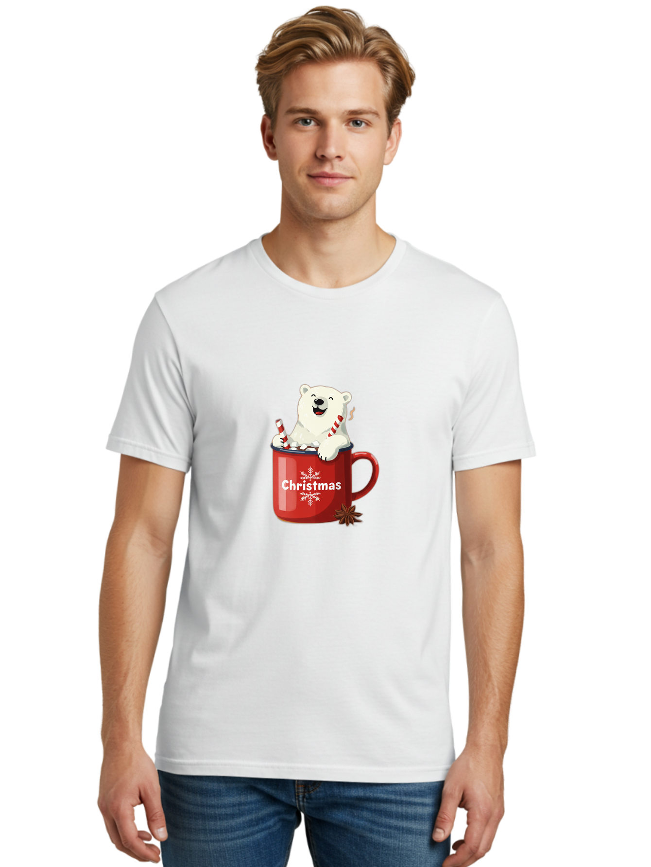 Christmas-Mug Men'S Graphic Tee, 100% Cotton, Comfortable Casual Summer Wear, Machine Washable, Polar Bear In Red Mug, Christmas Theme, Festive Decorations, Candy Cane, Marshmallows, Snowflake Design, Holiday Cheer, Winter Wonderland, Bae408 25