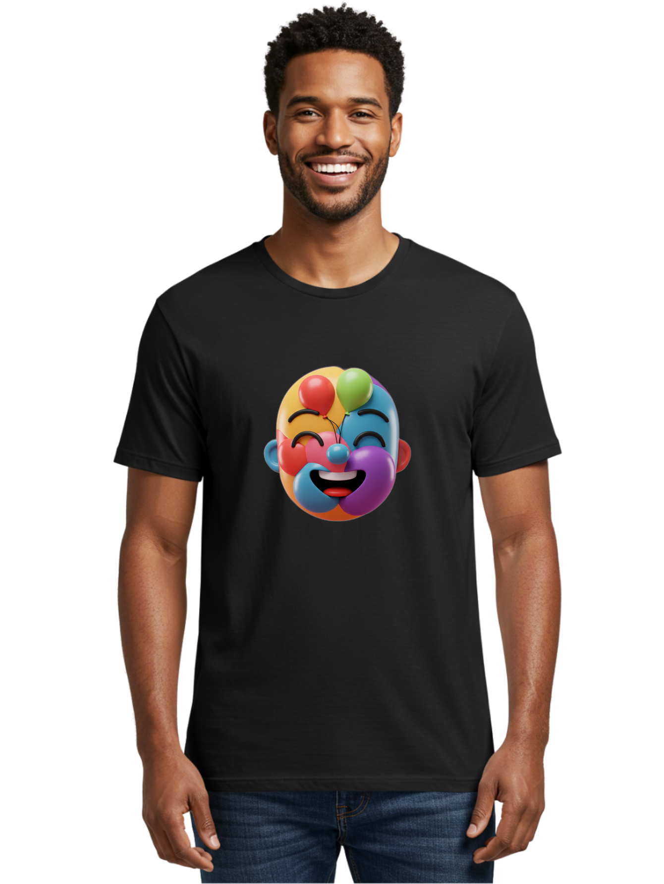 Clown-Emoji Men'S Graphic Tee, 100% Cotton, Comfortable Casual Summer Wear, Machine Washable, 3D Clown Face, Colorful Illustration, Clown Character, Balloons, Happy Expression, Vibrant Colors, Cartoon-Style, Playful Design, Joyful Atmosphere, Bae411 24