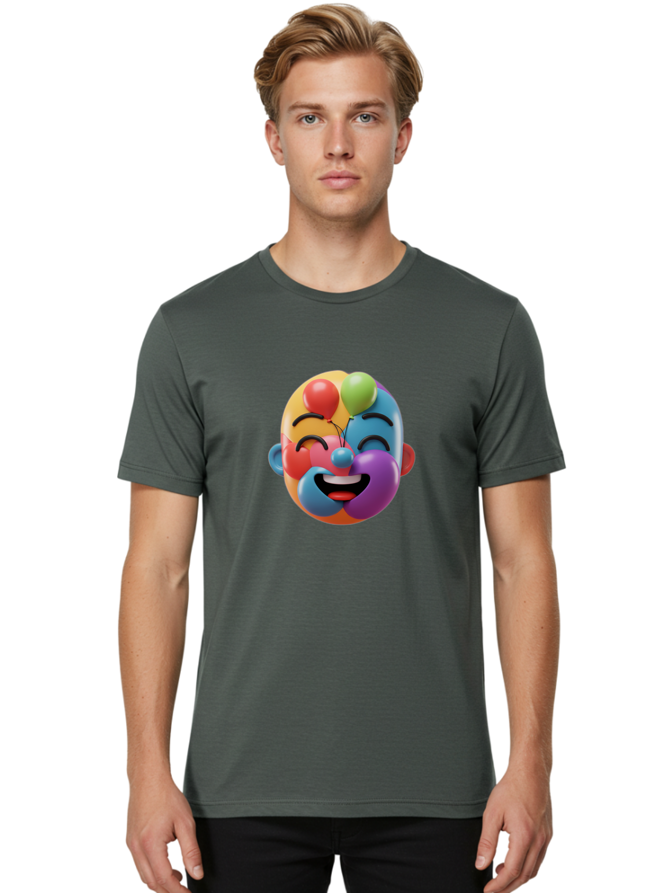 Clown-Emoji Men'S Graphic Tee, 100% Cotton, Comfortable Casual Summer Wear, Machine Washable, 3D Clown Face, Colorful Illustration, Clown Character, Balloons, Happy Expression, Vibrant Colors, Cartoon-Style, Playful Design, Joyful Atmosphere, Bae411 22