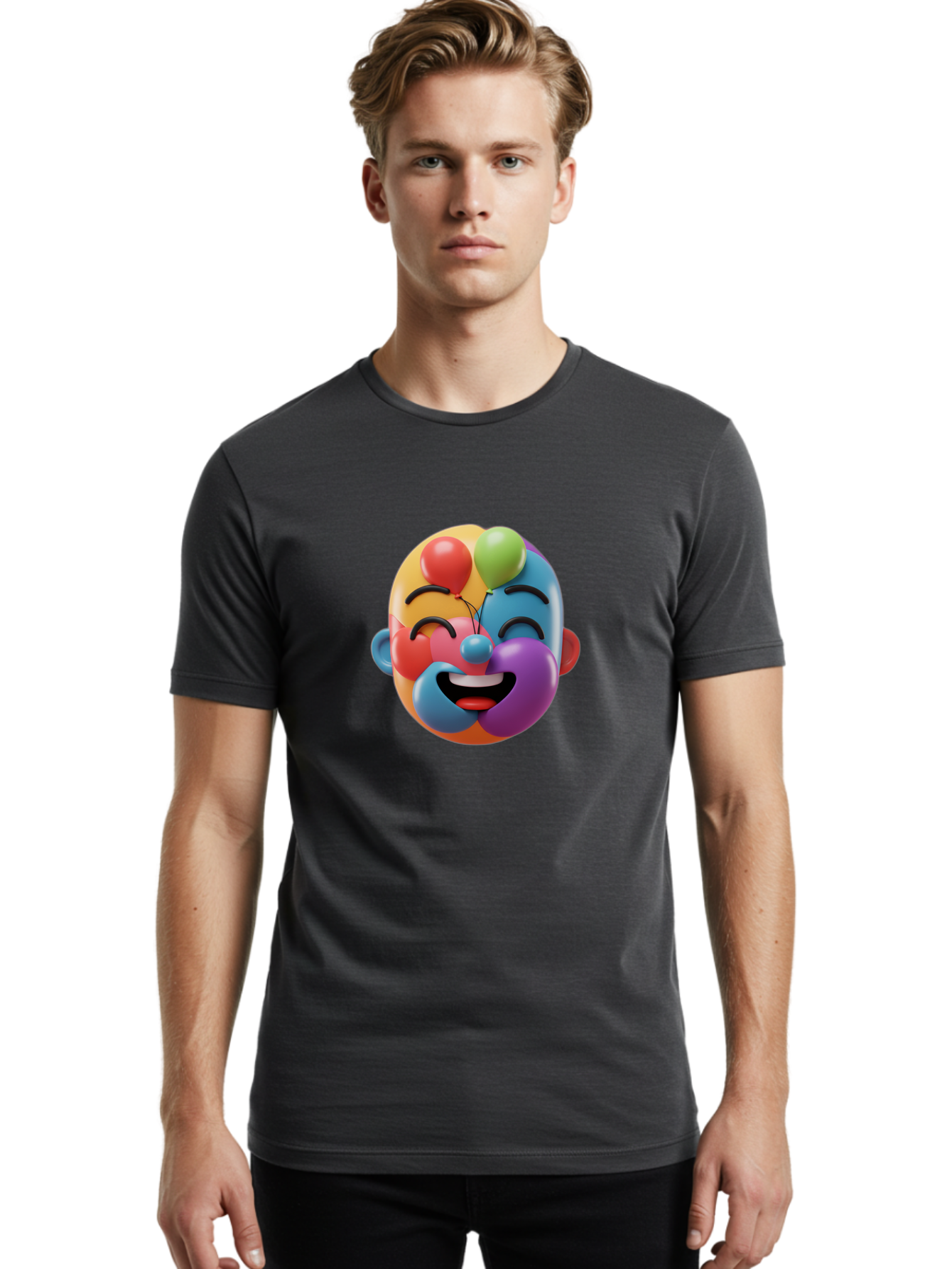 Clown-Emoji Men'S Graphic Tee, 100% Cotton, Comfortable Casual Summer Wear, Machine Washable, 3D Clown Face, Colorful Illustration, Clown Character, Balloons, Happy Expression, Vibrant Colors, Cartoon-Style, Playful Design, Joyful Atmosphere, Bae411 19