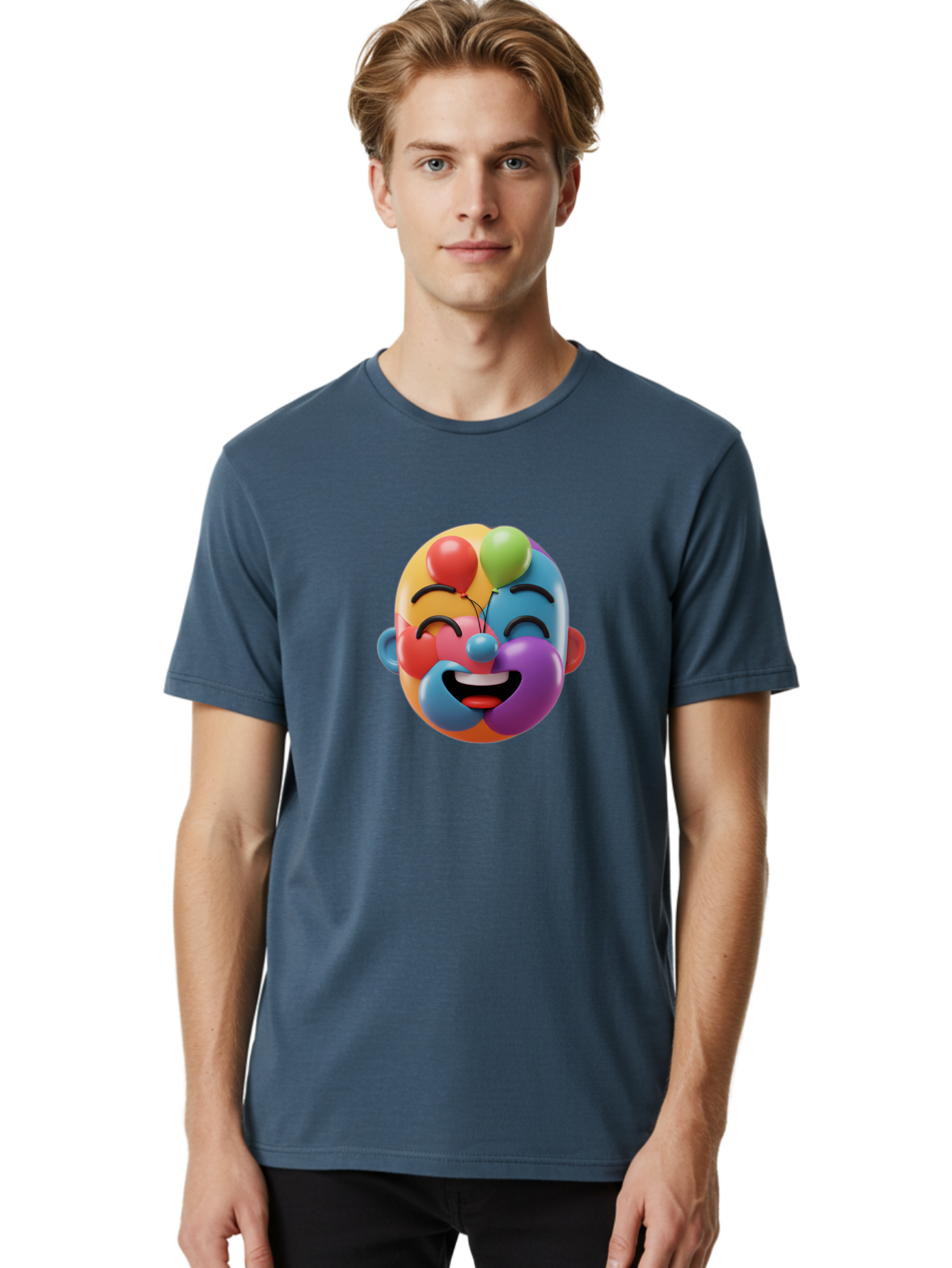 Clown-Emoji Men'S Graphic Tee, 100% Cotton, Comfortable Casual Summer Wear, Machine Washable, 3D Clown Face, Colorful Illustration, Clown Character, Balloons, Happy Expression, Vibrant Colors, Cartoon-Style, Playful Design, Joyful Atmosphere, Bae411 16
