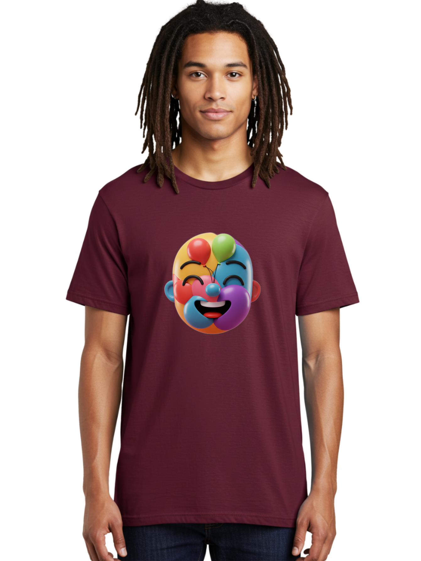 Clown-Emoji Men'S Graphic Tee, 100% Cotton, Comfortable Casual Summer Wear, Machine Washable, 3D Clown Face, Colorful Illustration, Clown Character, Balloons, Happy Expression, Vibrant Colors, Cartoon-Style, Playful Design, Joyful Atmosphere, Bae411 25