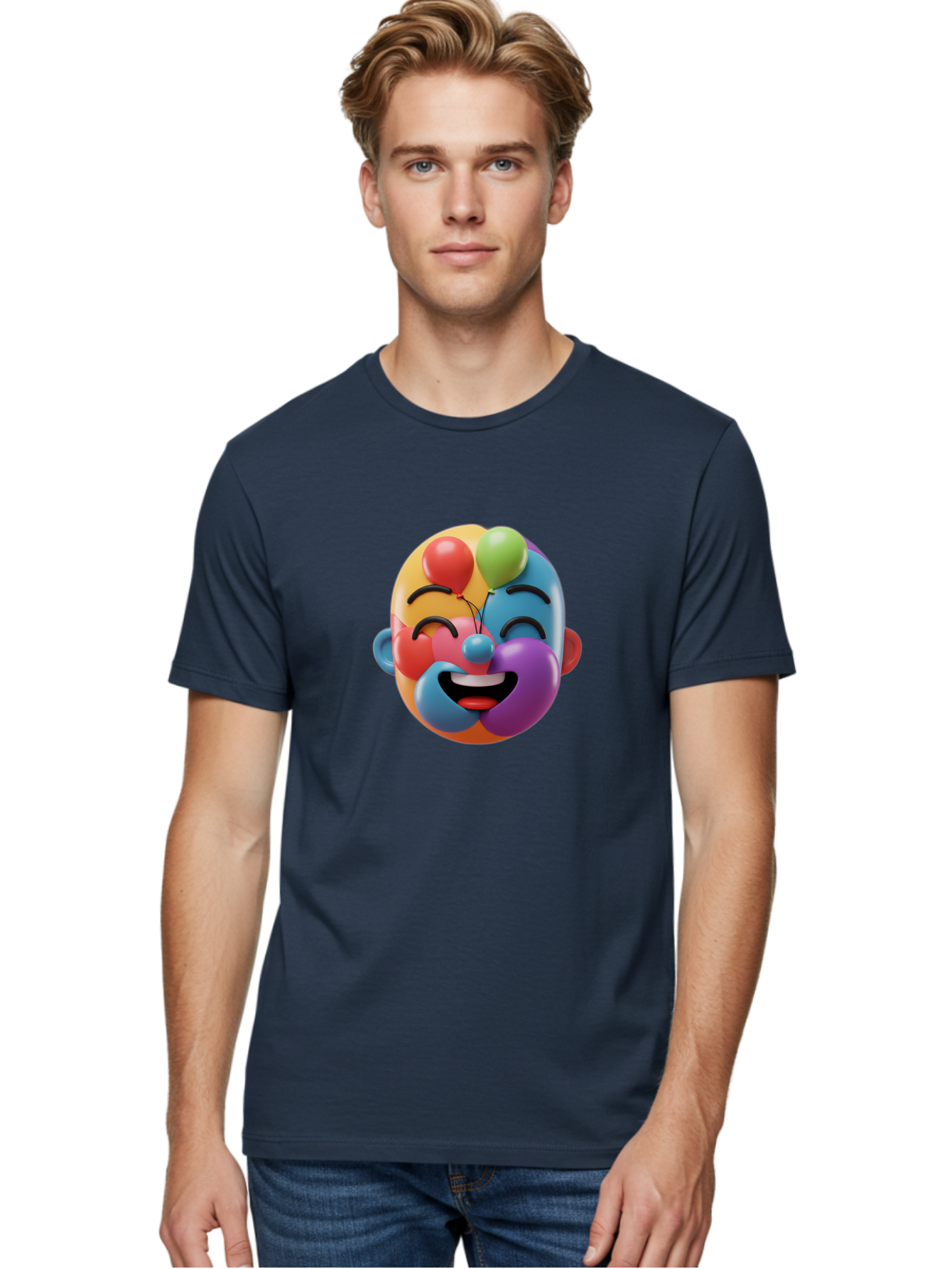 Clown-Emoji Men'S Graphic Tee, 100% Cotton, Comfortable Casual Summer Wear, Machine Washable, 3D Clown Face, Colorful Illustration, Clown Character, Balloons, Happy Expression, Vibrant Colors, Cartoon-Style, Playful Design, Joyful Atmosphere, Bae411 28