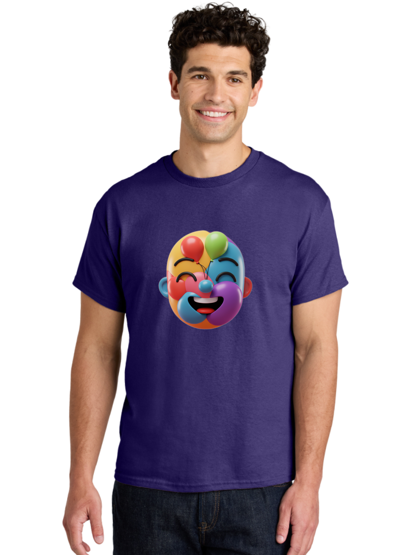 Clown-Emoji Men'S Graphic Tee, 100% Cotton, Comfortable Casual Summer Wear, Machine Washable, 3D Clown Face, Colorful Illustration, Clown Character, Balloons, Happy Expression, Vibrant Colors, Cartoon-Style, Playful Design, Joyful Atmosphere, Bae411 30