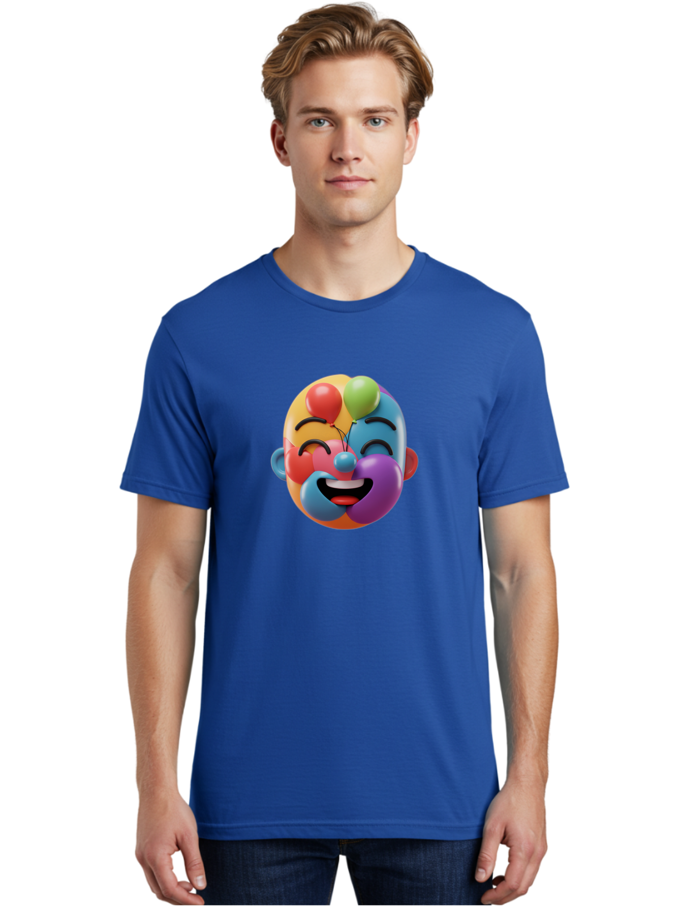 Clown-Emoji Men'S Graphic Tee, 100% Cotton, Comfortable Casual Summer Wear, Machine Washable, 3D Clown Face, Colorful Illustration, Clown Character, Balloons, Happy Expression, Vibrant Colors, Cartoon-Style, Playful Design, Joyful Atmosphere, Bae411 20
