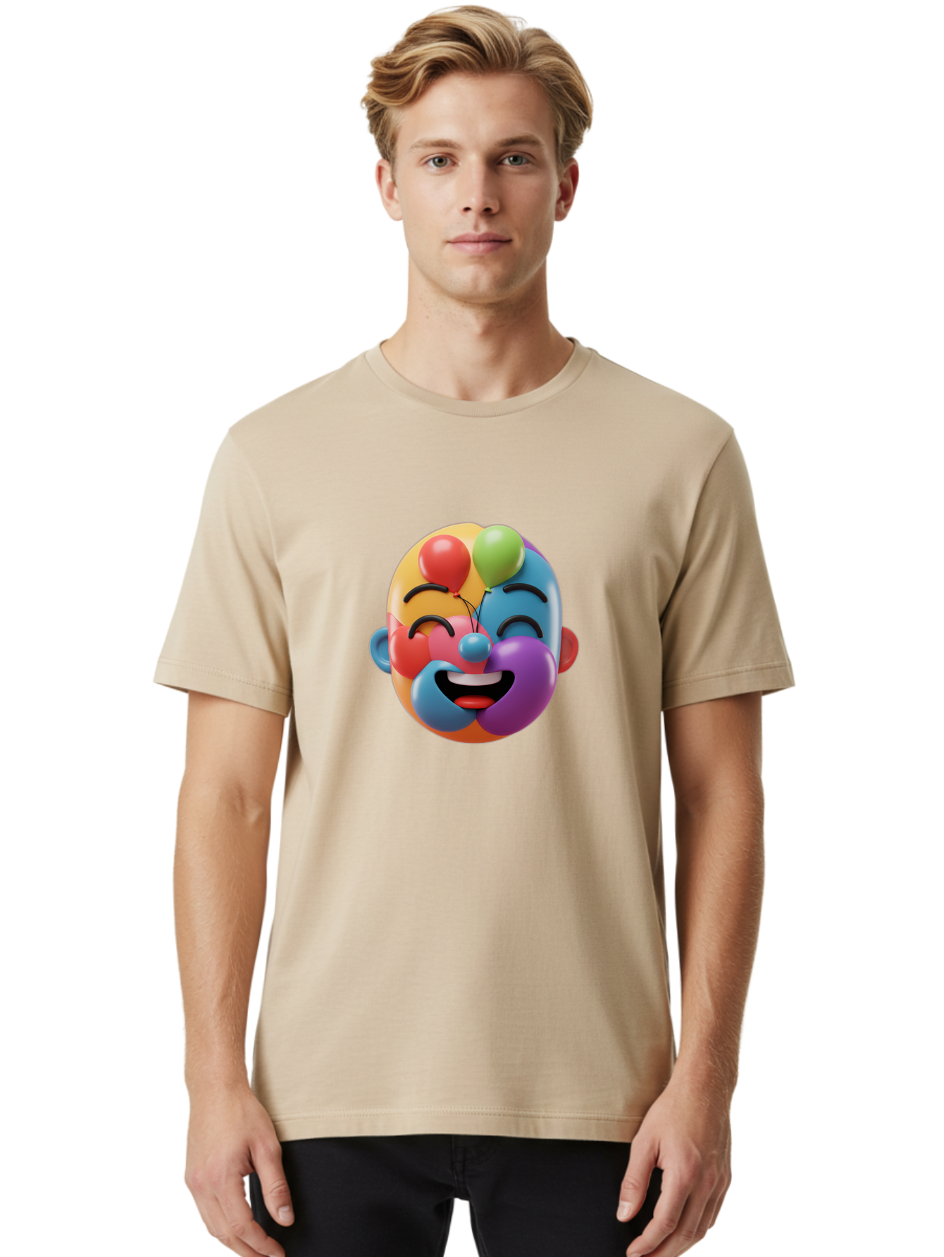 Clown-Emoji Men'S Graphic Tee, 100% Cotton, Comfortable Casual Summer Wear, Machine Washable, 3D Clown Face, Colorful Illustration, Clown Character, Balloons, Happy Expression, Vibrant Colors, Cartoon-Style, Playful Design, Joyful Atmosphere, Bae411 29