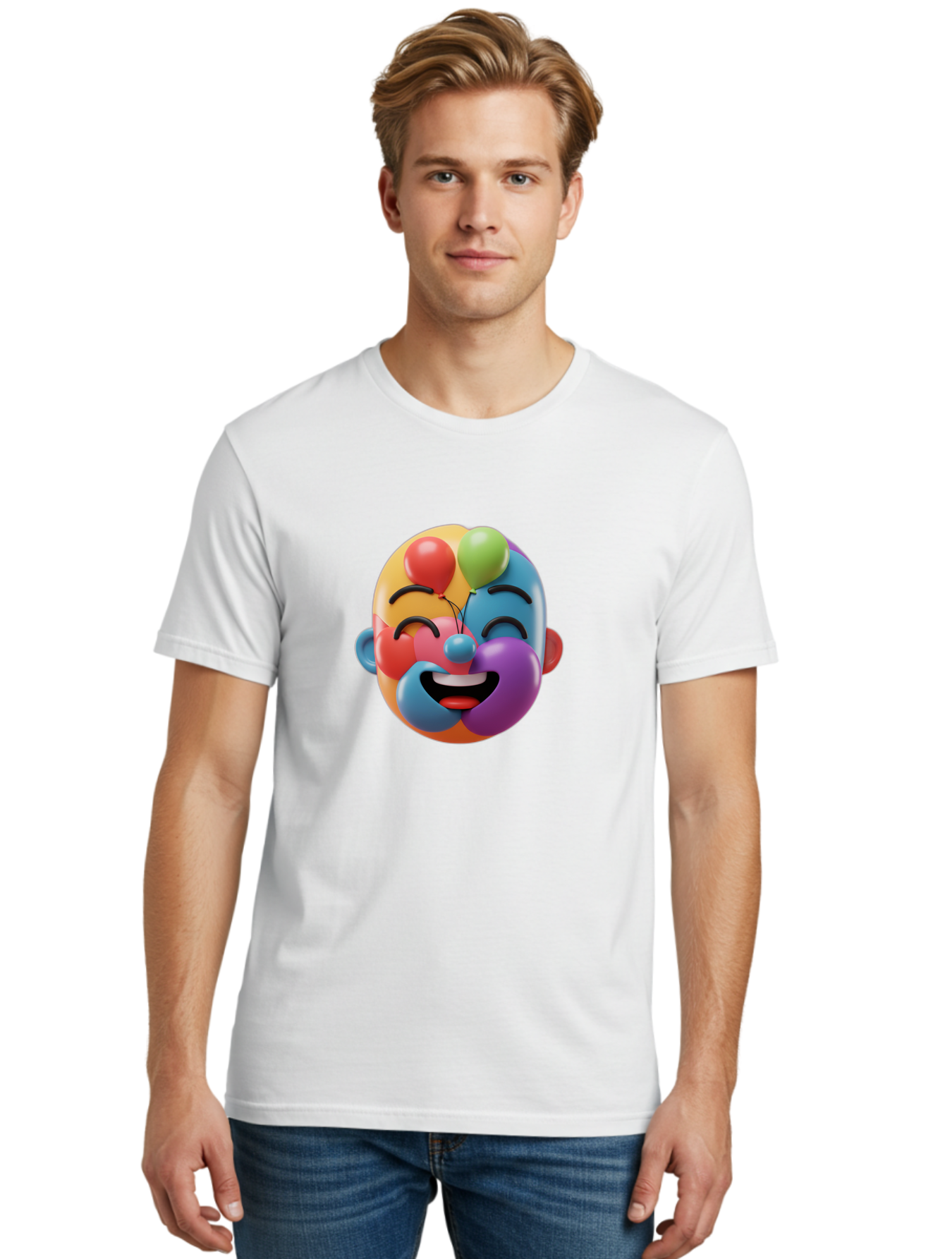 Clown-Emoji Men'S Graphic Tee, 100% Cotton, Comfortable Casual Summer Wear, Machine Washable, 3D Clown Face, Colorful Illustration, Clown Character, Balloons, Happy Expression, Vibrant Colors, Cartoon-Style, Playful Design, Joyful Atmosphere, Bae411 21