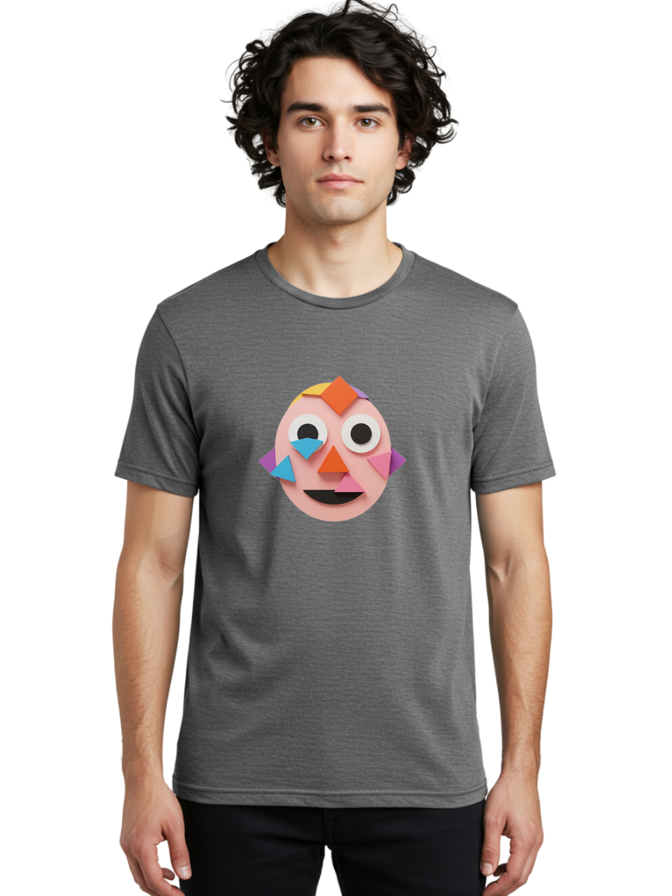 Colourful-Face Men'S Graphic Tee, 100% Cotton, Comfortable Casual Summer Wear, Machine Washable, Paper Craft Face, Colorful Geometric Shapes, Creative Art, Playful Design, Smiling Face, Happy Expression, Art Project, Diy Craft, Kids Activity Bae414 30