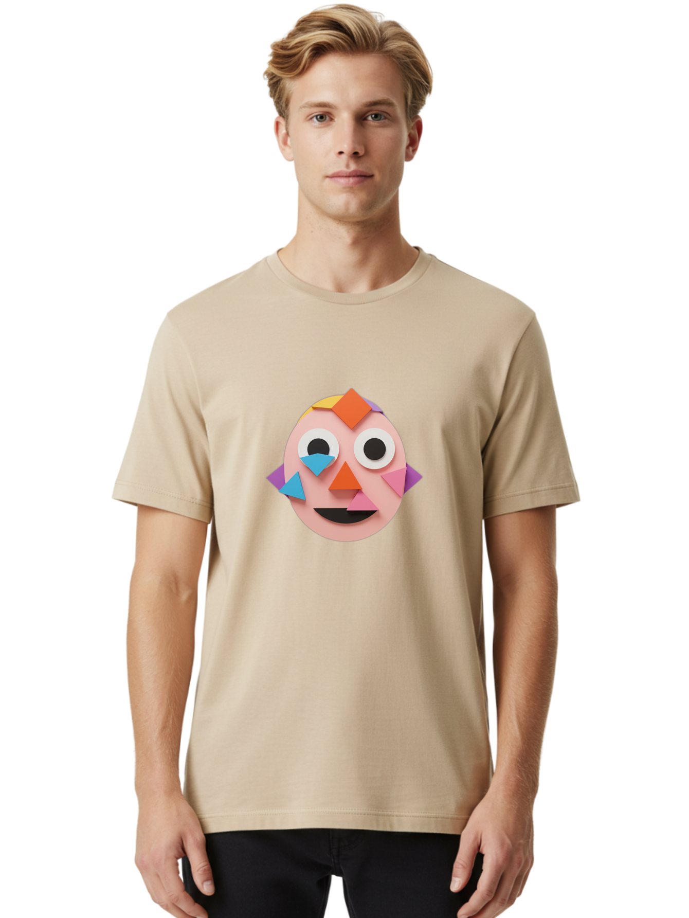 Colourful-Face Men'S Graphic Tee, 100% Cotton, Comfortable Casual Summer Wear, Machine Washable, Paper Craft Face, Colorful Geometric Shapes, Creative Art, Playful Design, Smiling Face, Happy Expression, Art Project, Diy Craft, Kids Activity Bae414 21