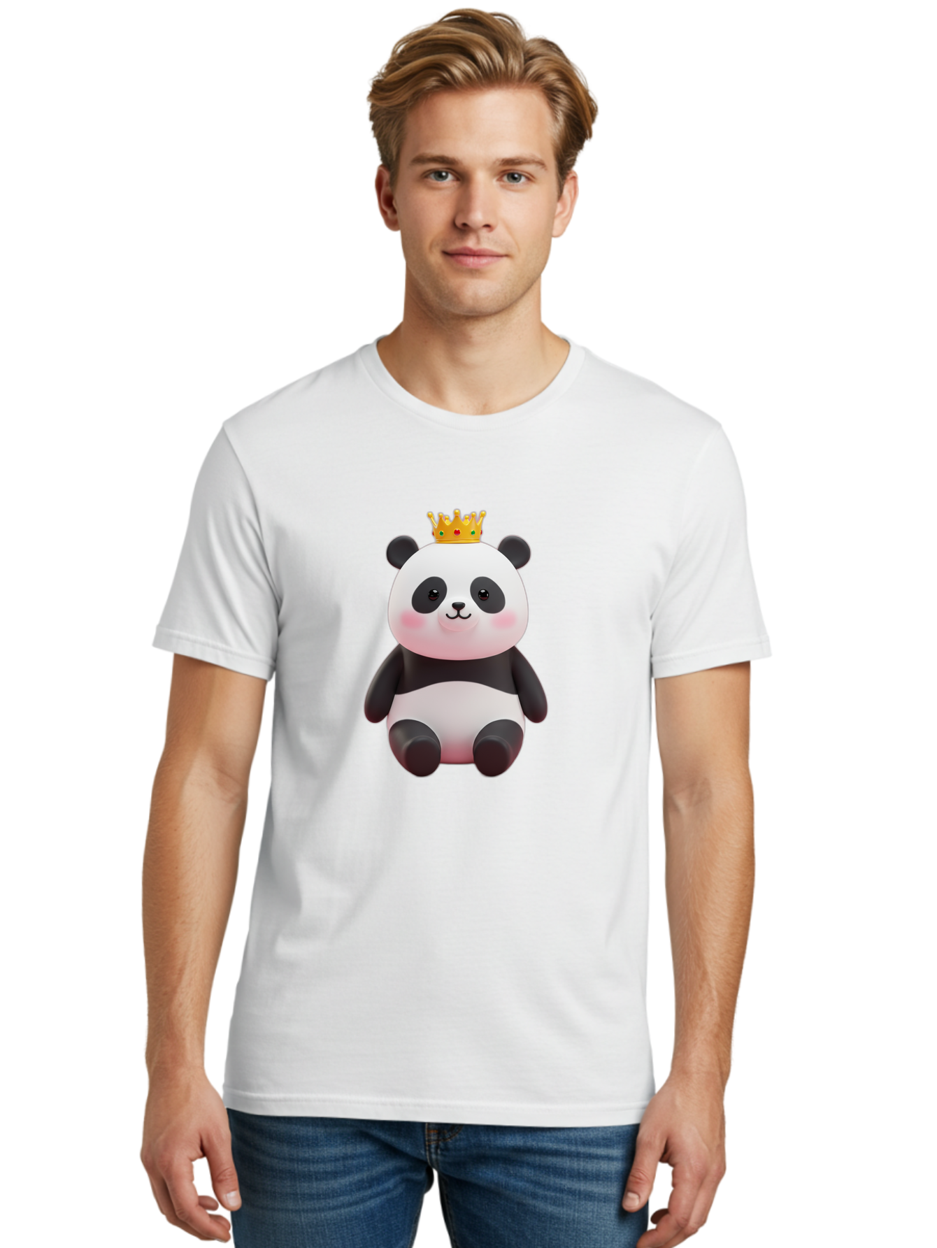 Crowned-Panda-1 Men'S Graphic Tee, 100% Cotton, Comfortable Casual Summer Wear, Machine Washable, Cartoon Panda, 3D Illustration, Panda Bear, Crown On Head, Regal Animal, Cute Expression, Rosy Cheeks, Kawaii Character, Adorable Design, Bae419 27