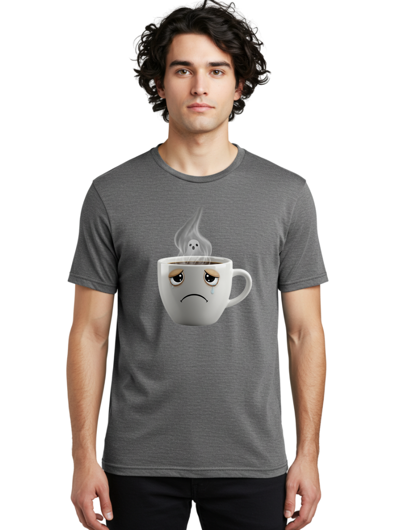 Crying-Coffee-Cup Men'S Graphic Tee, 100% Cotton, Comfortable Casual Summer Wear, Machine Washable, Sad Face Coffee Cup, Steaming Hot Coffee, Ghostly Steam, Coffee Lover, Coffee Culture, Coffee Time, Morning Coffee, Daily Grind Bae422 18