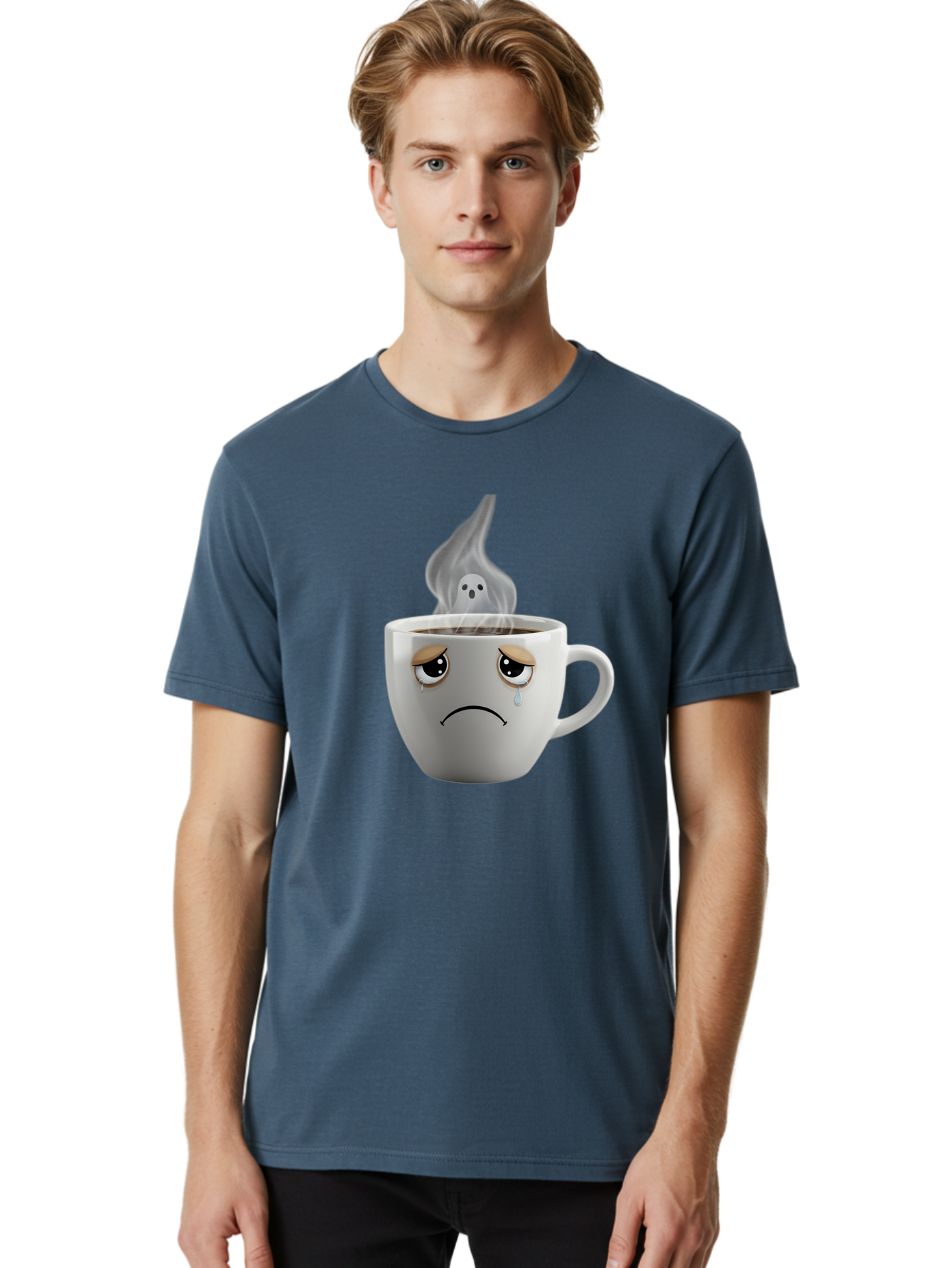 Crying-Coffee-Cup Men'S Graphic Tee, 100% Cotton, Comfortable Casual Summer Wear, Machine Washable, Sad Face Coffee Cup, Steaming Hot Coffee, Ghostly Steam, Coffee Lover, Coffee Culture, Coffee Time, Morning Coffee, Daily Grind Bae422 27