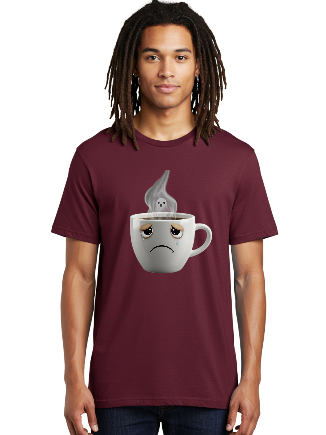 Crying-Coffee-Cup Men'S Graphic Tee, 100% Cotton, Comfortable Casual Summer Wear, Machine Washable, Sad Face Coffee Cup, Steaming Hot Coffee, Ghostly Steam, Coffee Lover, Coffee Culture, Coffee Time, Morning Coffee, Daily Grind Bae422 22