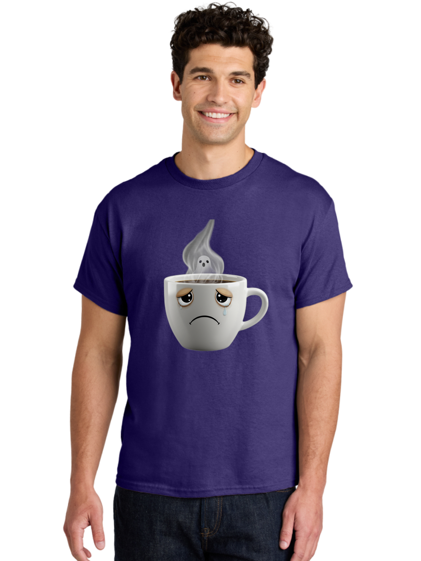 Crying-Coffee-Cup Men'S Graphic Tee, 100% Cotton, Comfortable Casual Summer Wear, Machine Washable, Sad Face Coffee Cup, Steaming Hot Coffee, Ghostly Steam, Coffee Lover, Coffee Culture, Coffee Time, Morning Coffee, Daily Grind Bae422 25