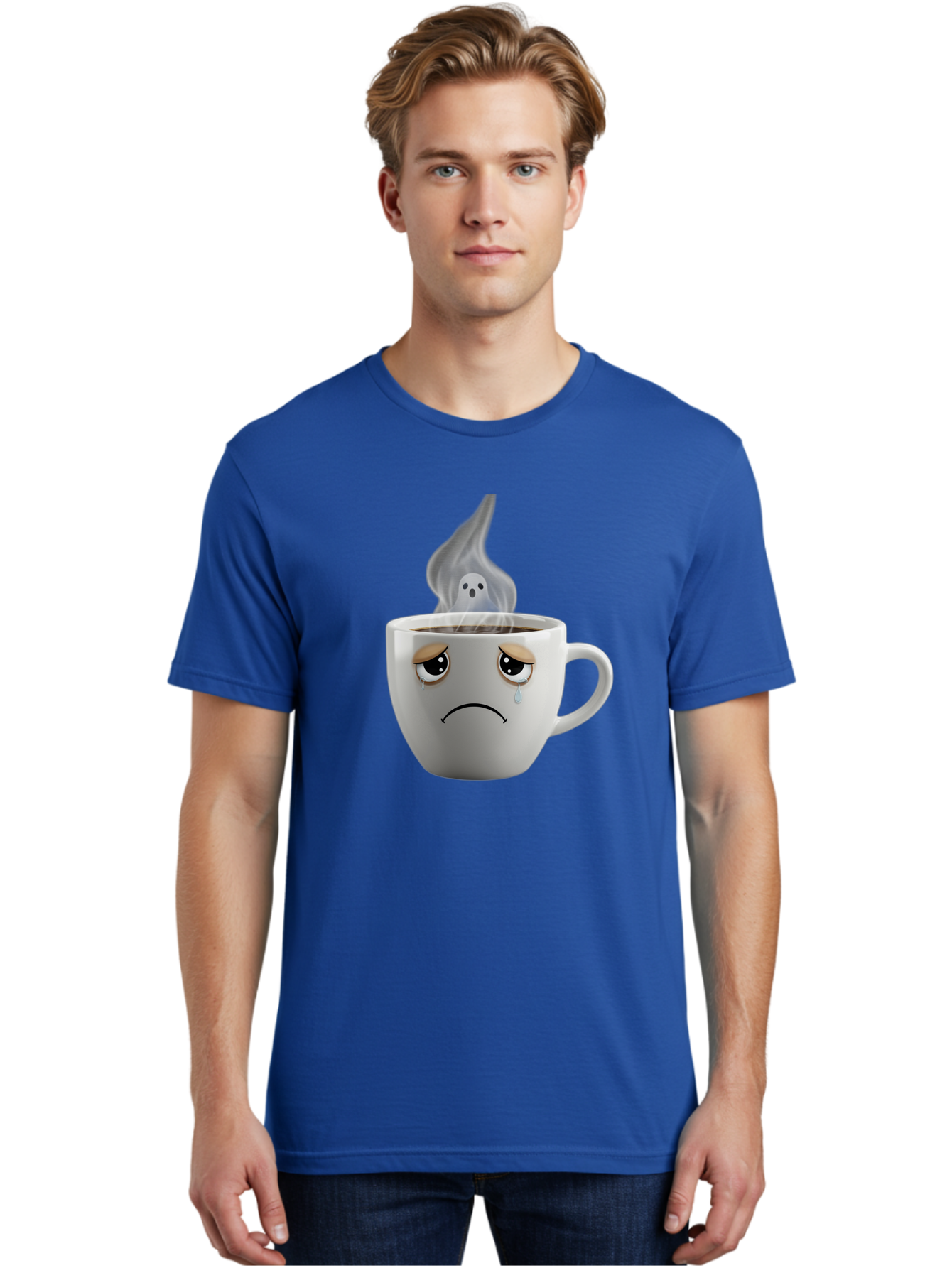 Crying-Coffee-Cup Men'S Graphic Tee, 100% Cotton, Comfortable Casual Summer Wear, Machine Washable, Sad Face Coffee Cup, Steaming Hot Coffee, Ghostly Steam, Coffee Lover, Coffee Culture, Coffee Time, Morning Coffee, Daily Grind Bae422 17