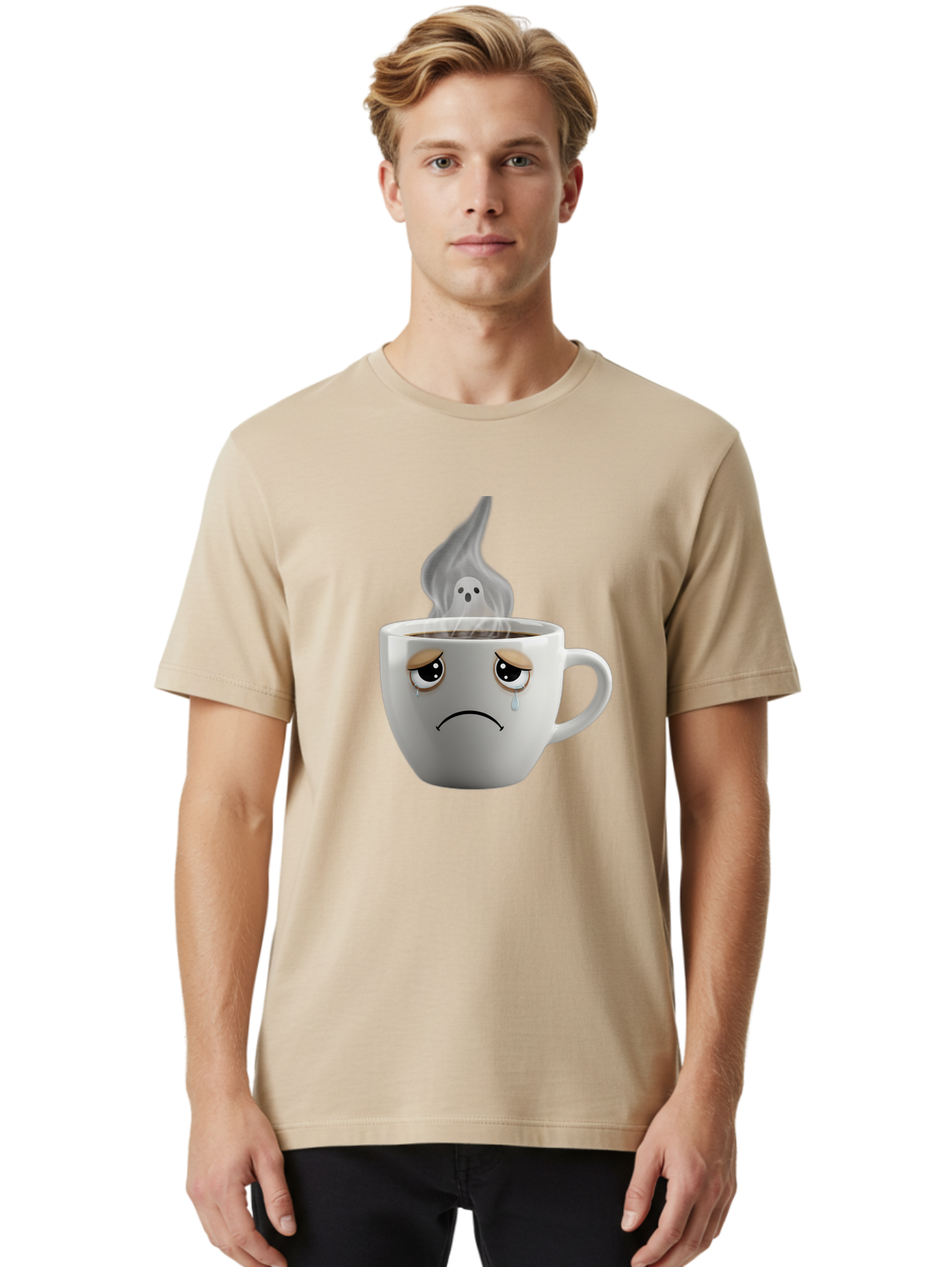 Crying-Coffee-Cup Men'S Graphic Tee, 100% Cotton, Comfortable Casual Summer Wear, Machine Washable, Sad Face Coffee Cup, Steaming Hot Coffee, Ghostly Steam, Coffee Lover, Coffee Culture, Coffee Time, Morning Coffee, Daily Grind Bae422 21