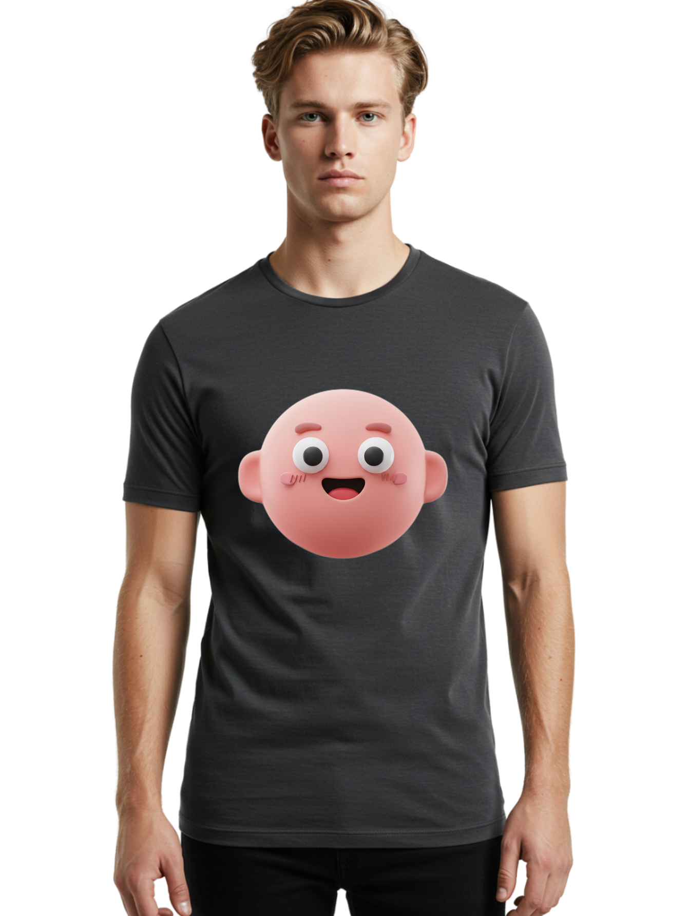 Cute-3D-Emoji-Face Men'S Graphic Tee, 100% Cotton, Comfortable Casual Summer Wear, Machine Washable, Smiling Face, Cartoon Character, Pink Hue, Cheerful Expression, Wide Eyes, Smiling Mouth, Rosy Cheeks, Cute Emoji, Playful Design, Funny Face Bae423 20