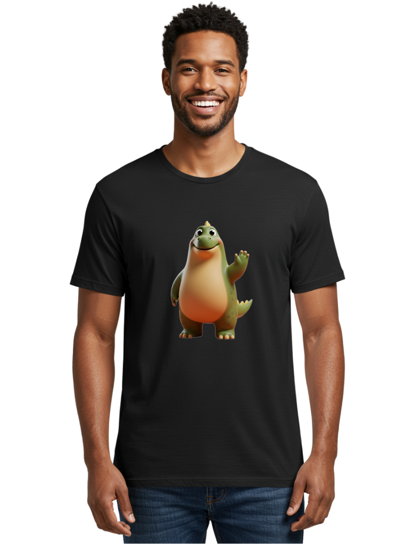 Dinosaur Men'S Graphic Tee, 100% Cotton, Comfortable Casual Summer Wear, Machine Washable, Happy Dinosaur, Cartoon Character, Friendly Creature, Cute Illustration, Waving Dinosaur, Animated Dinosaur, Green Dinosaur, Smiling Face, Fun Design, Bae439 30