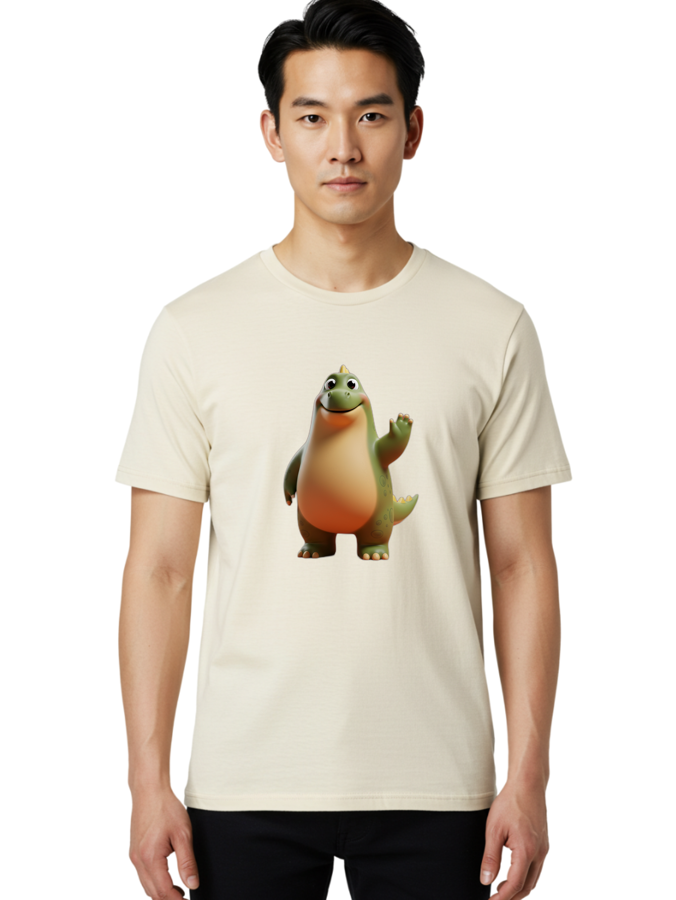 Dinosaur Men'S Graphic Tee, 100% Cotton, Comfortable Casual Summer Wear, Machine Washable, Happy Dinosaur, Cartoon Character, Friendly Creature, Cute Illustration, Waving Dinosaur, Animated Dinosaur, Green Dinosaur, Smiling Face, Fun Design, Bae439 20