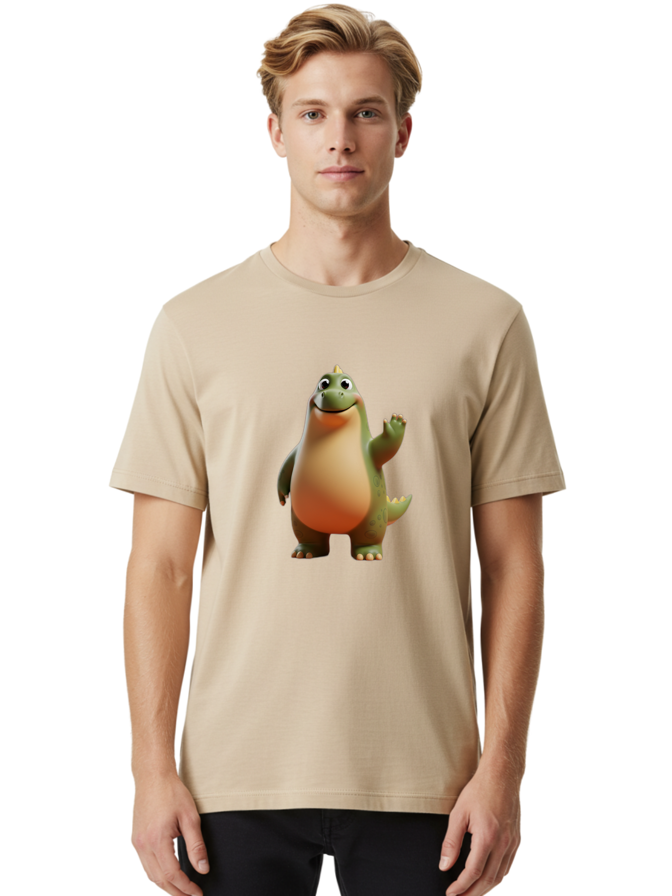 Dinosaur Men'S Graphic Tee, 100% Cotton, Comfortable Casual Summer Wear, Machine Washable, Happy Dinosaur, Cartoon Character, Friendly Creature, Cute Illustration, Waving Dinosaur, Animated Dinosaur, Green Dinosaur, Smiling Face, Fun Design, Bae439 19