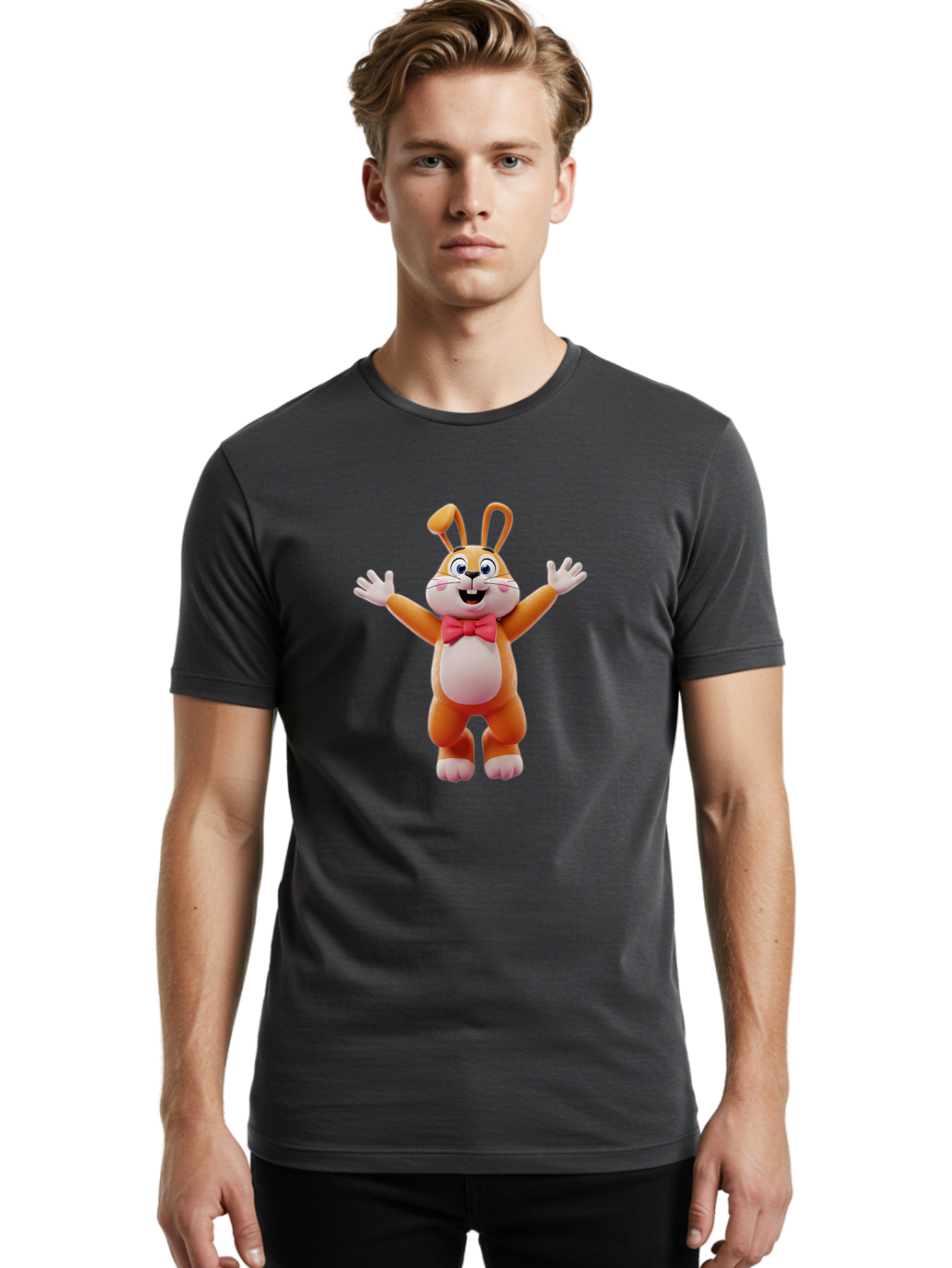 Easter-Bunny Men'S Graphic Tee, 100% Cotton, Comfortable Casual Summer Wear, Machine Washable, Cartoon Rabbit, Easter Bunny, Orange Bunny, Pink Bow Tie, White Gloves, Cute Character, 3D Illustration, Easter Theme, Spring Celebration Bae441 18