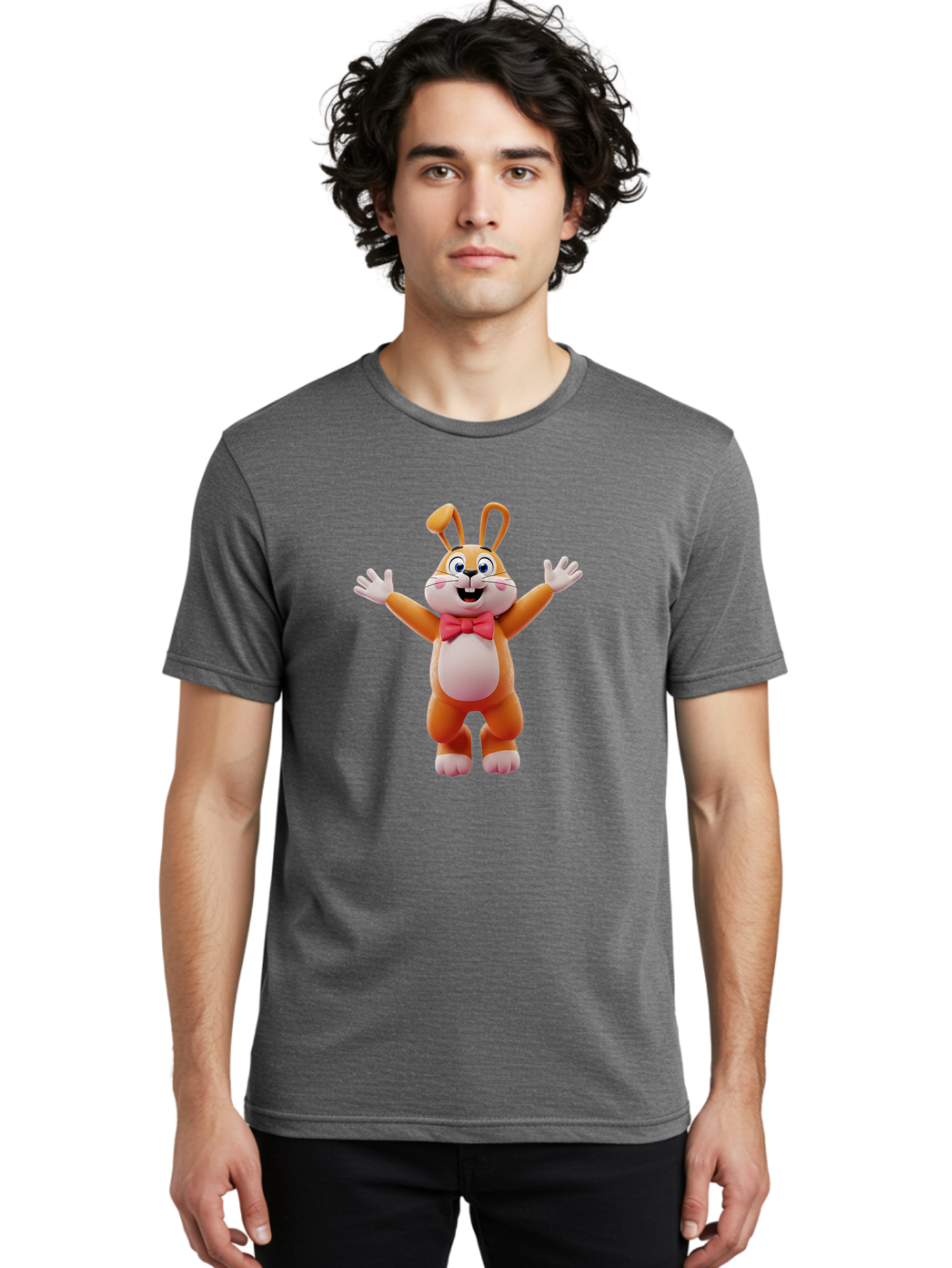 Easter-Bunny Men'S Graphic Tee, 100% Cotton, Comfortable Casual Summer Wear, Machine Washable, Cartoon Rabbit, Easter Bunny, Orange Bunny, Pink Bow Tie, White Gloves, Cute Character, 3D Illustration, Easter Theme, Spring Celebration Bae441 25