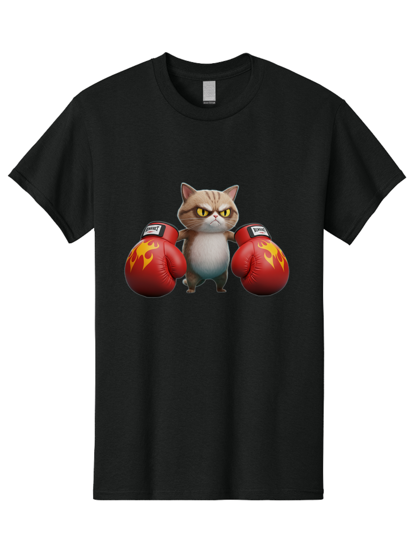 Expect-Cat-Boxer Men'S Graphic Tee, 100% Cotton, Comfortable Casual Summer Wear, Machine Washable, Aggressive Cat, Boxing Gloves, Fighting Cat, Expect Label, Feline Fighter, Cartoon Cat, Yellow Eyes, Red Gloves, Flame Design Bae444 15