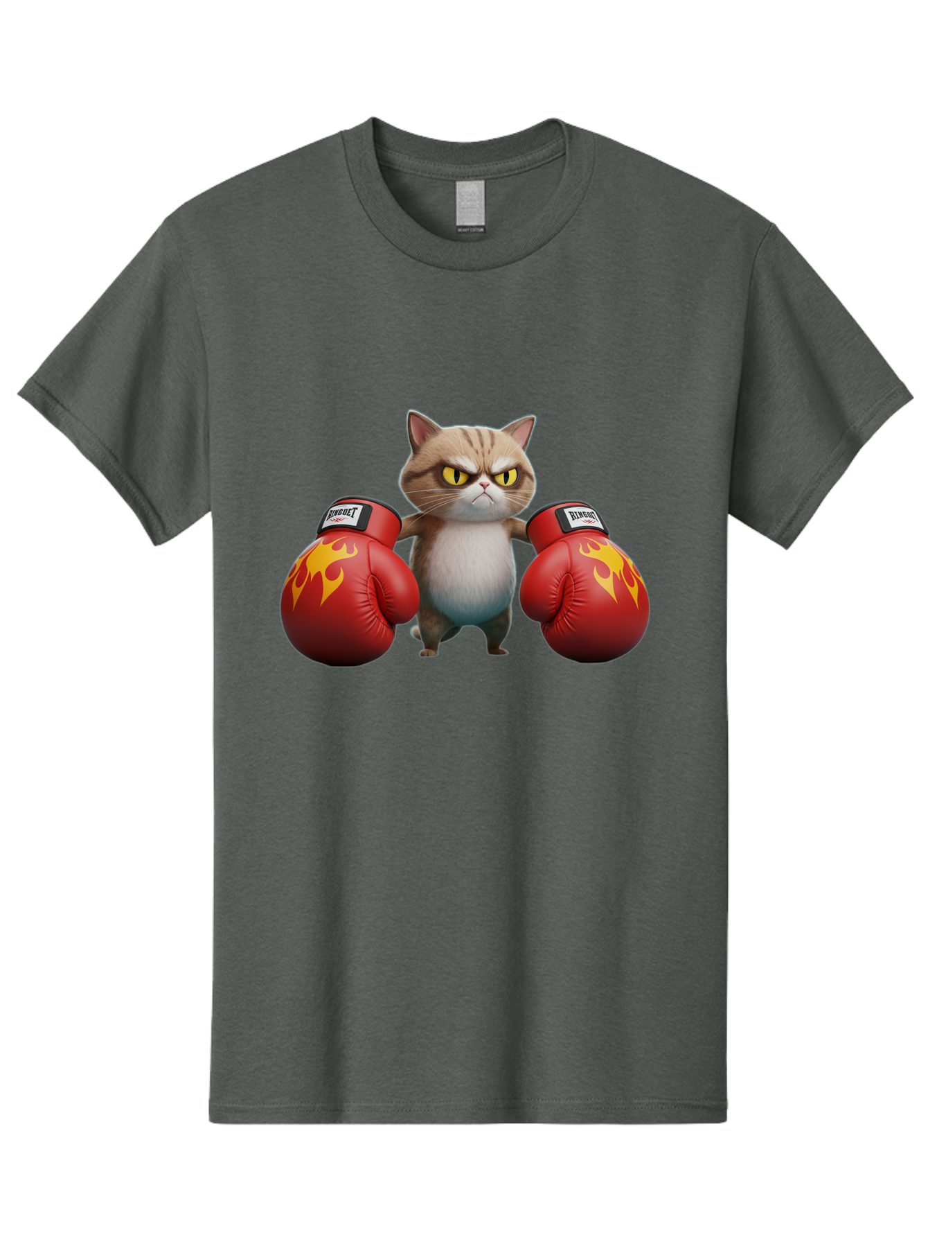 Expect-Cat-Boxer Men'S Graphic Tee, 100% Cotton, Comfortable Casual Summer Wear, Machine Washable, Aggressive Cat, Boxing Gloves, Fighting Cat, Expect Label, Feline Fighter, Cartoon Cat, Yellow Eyes, Red Gloves, Flame Design Bae444 1