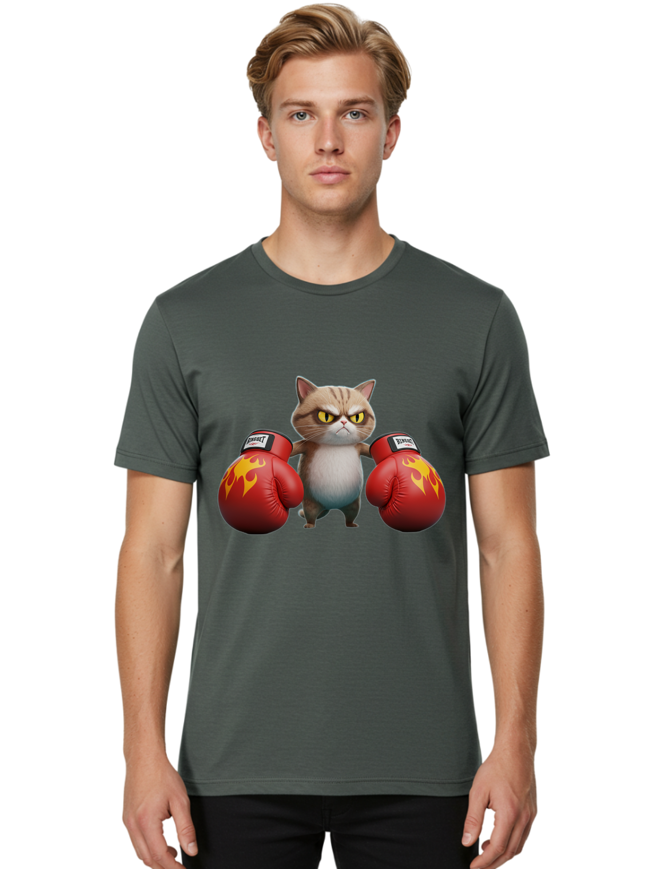 Expect-Cat-Boxer Men'S Graphic Tee, 100% Cotton, Comfortable Casual Summer Wear, Machine Washable, Aggressive Cat, Boxing Gloves, Fighting Cat, Expect Label, Feline Fighter, Cartoon Cat, Yellow Eyes, Red Gloves, Flame Design Bae444 16