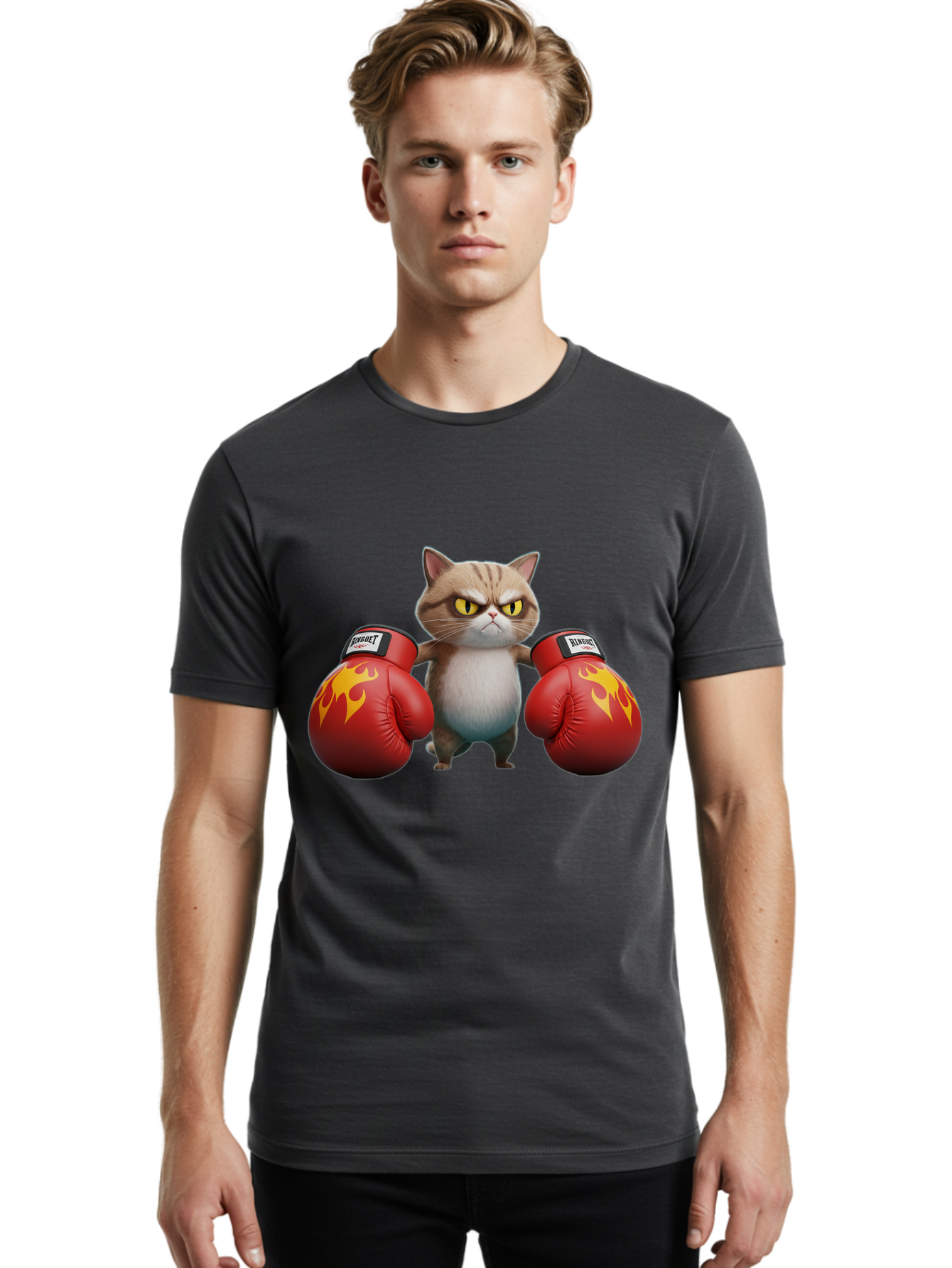 Expect-Cat-Boxer Men'S Graphic Tee, 100% Cotton, Comfortable Casual Summer Wear, Machine Washable, Aggressive Cat, Boxing Gloves, Fighting Cat, Expect Label, Feline Fighter, Cartoon Cat, Yellow Eyes, Red Gloves, Flame Design Bae444 19