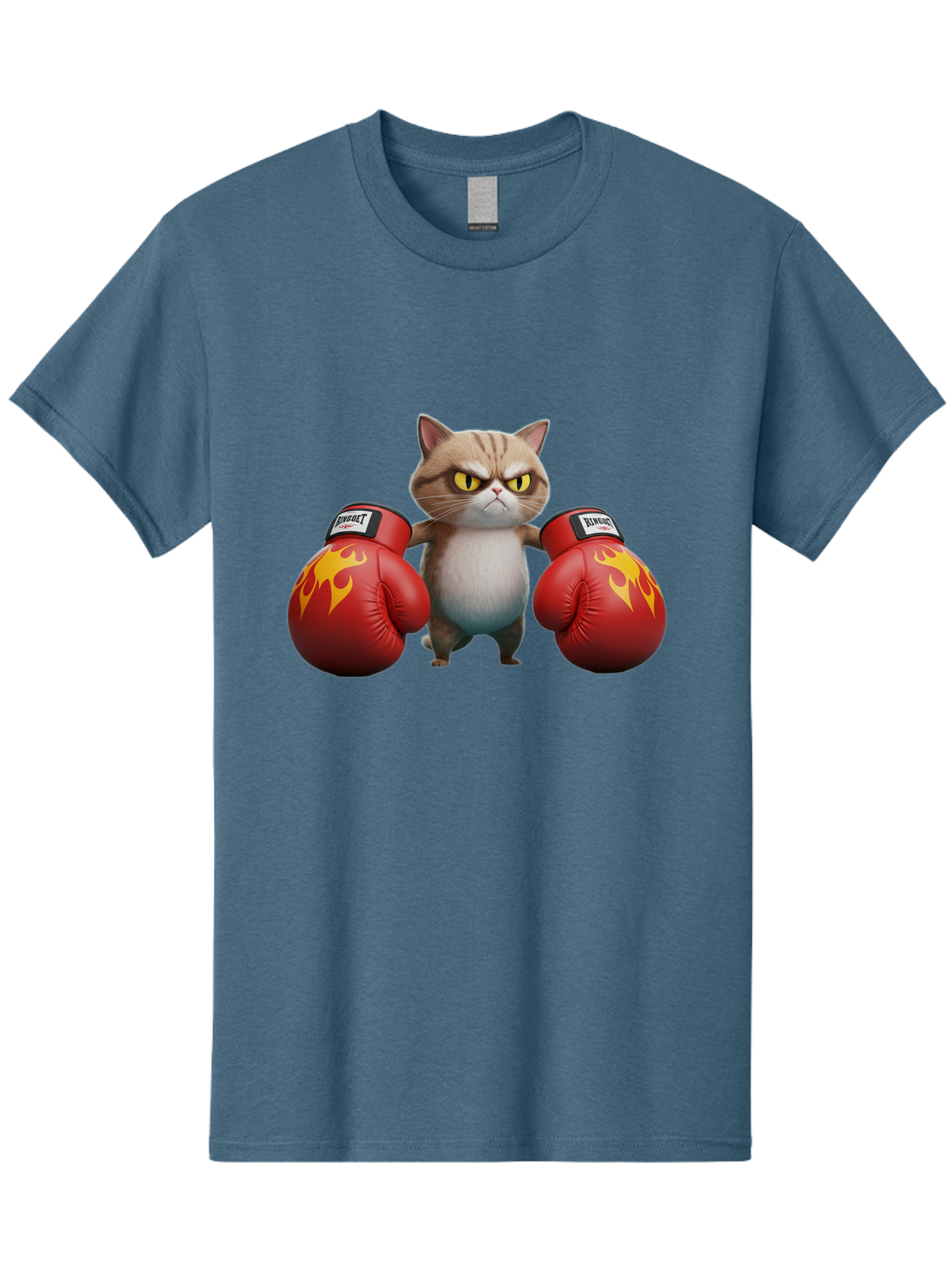 Expect-Cat-Boxer Men'S Graphic Tee, 100% Cotton, Comfortable Casual Summer Wear, Machine Washable, Aggressive Cat, Boxing Gloves, Fighting Cat, Expect Label, Feline Fighter, Cartoon Cat, Yellow Eyes, Red Gloves, Flame Design Bae444 2